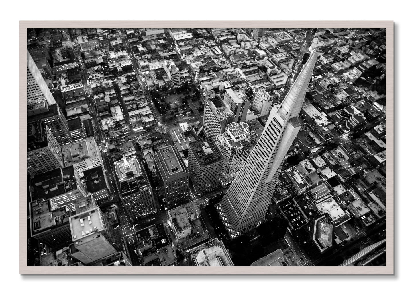 Framed photograph of Transamerica by Dylan Ozanich, White Maple frame, Full Bleed