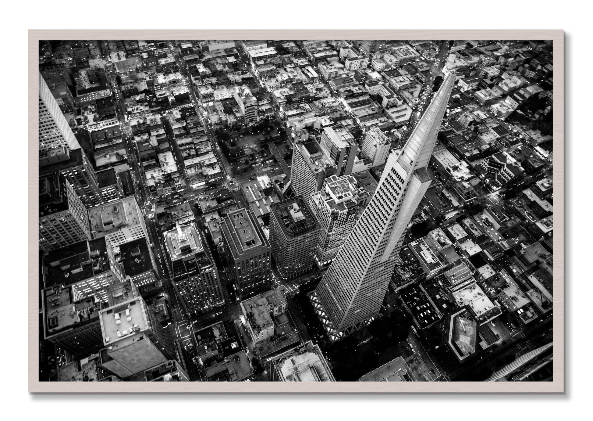 Framed photograph of Transamerica by Dylan Ozanich, White Maple frame, Full Bleed