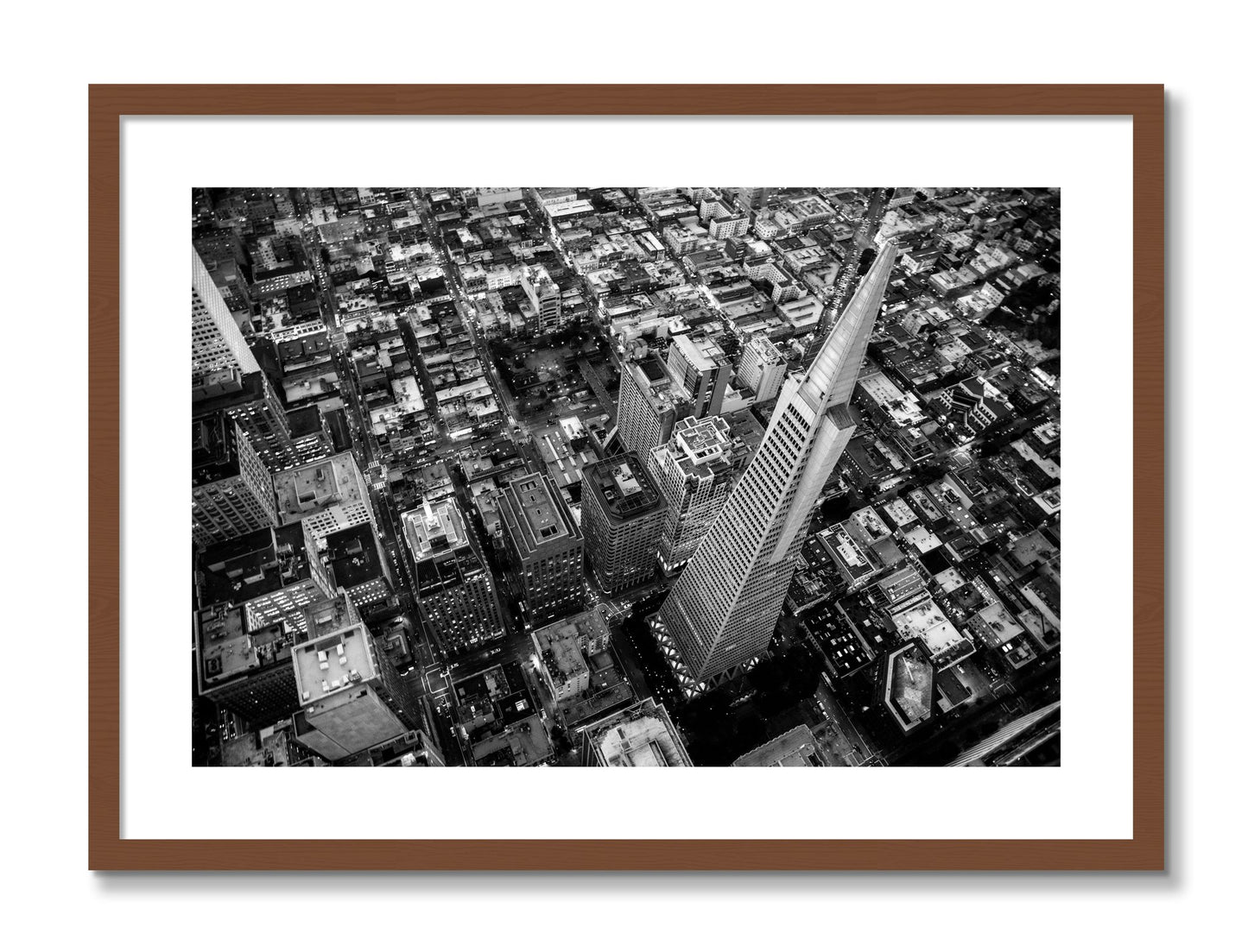 Framed photograph of Transamerica by Dylan Ozanich, Walnut frame, Borders
