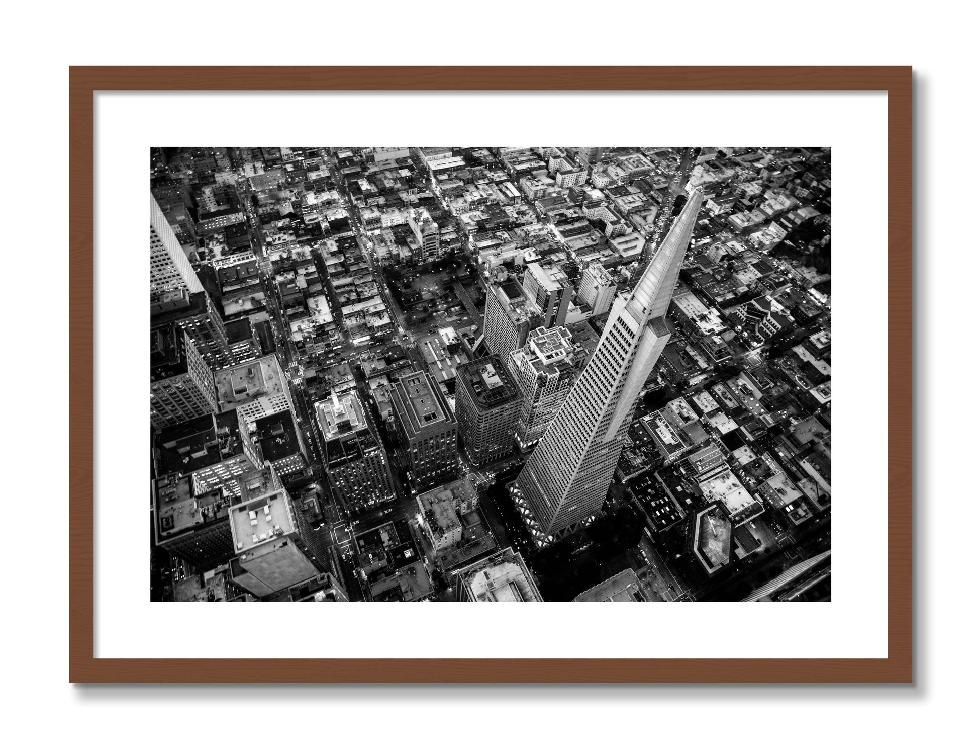 Framed photograph of Transamerica by Dylan Ozanich, Walnut frame, Borders