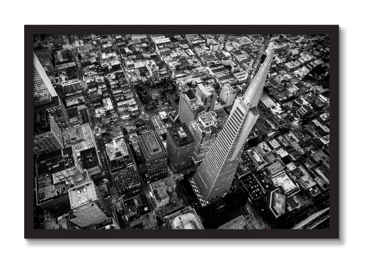 Framed photograph of Transamerica by Dylan Ozanich, Black Walnut frame, Full Bleed