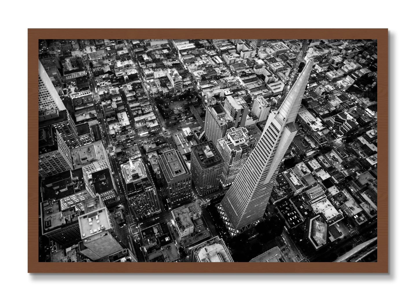 Framed photograph of Transamerica by Dylan Ozanich, Walnut frame, Full Bleed