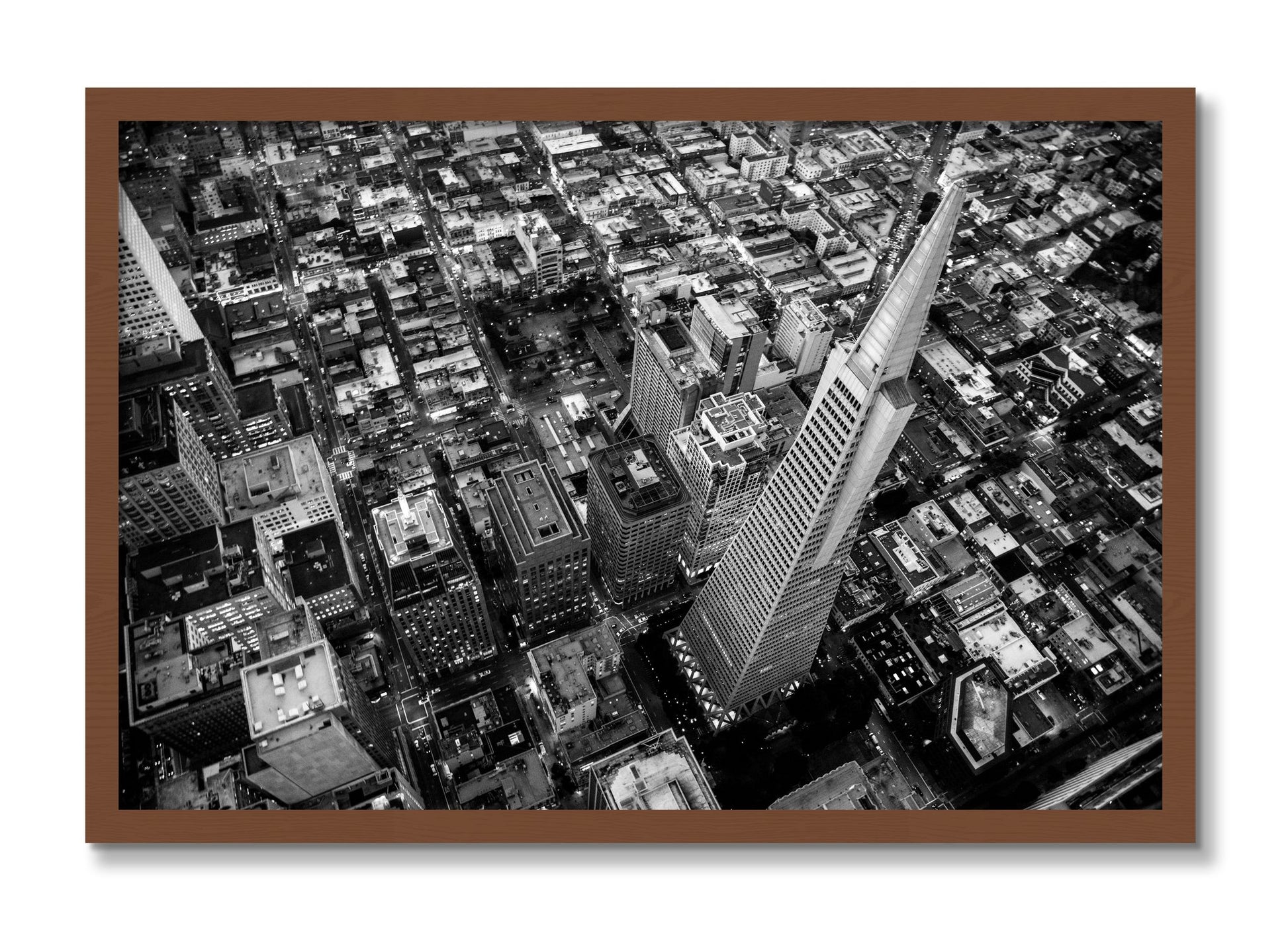 Framed photograph of Transamerica by Dylan Ozanich, Walnut frame, Full Bleed