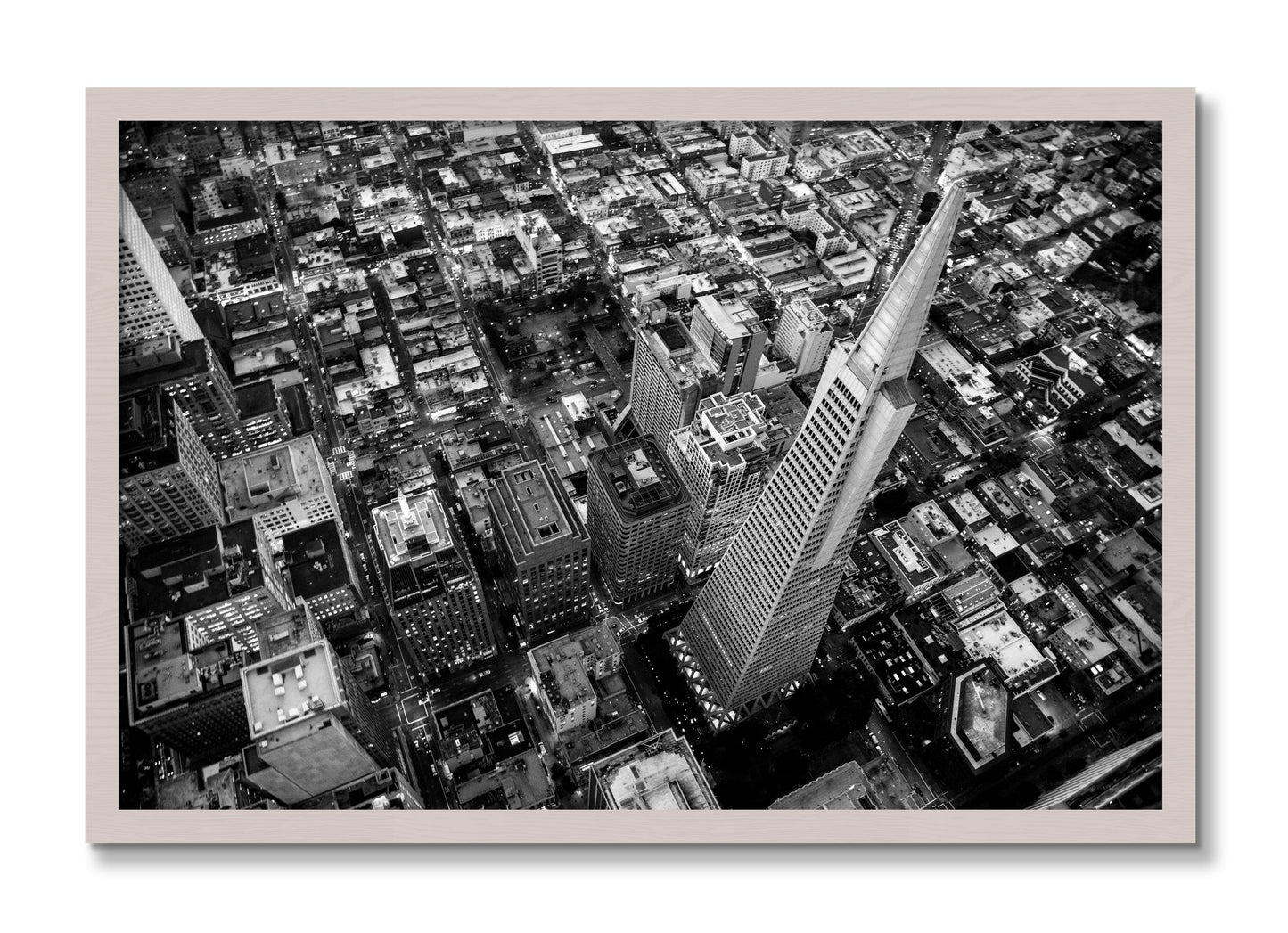 Framed photograph of Transamerica by Dylan Ozanich, White Maple frame, Full Bleed