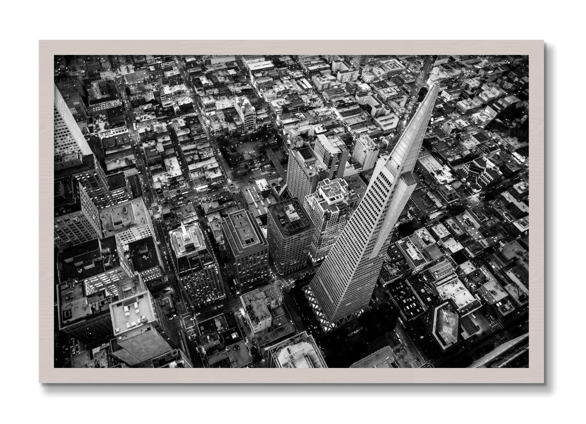 Framed photograph of Transamerica by Dylan Ozanich, White Maple frame, Full Bleed