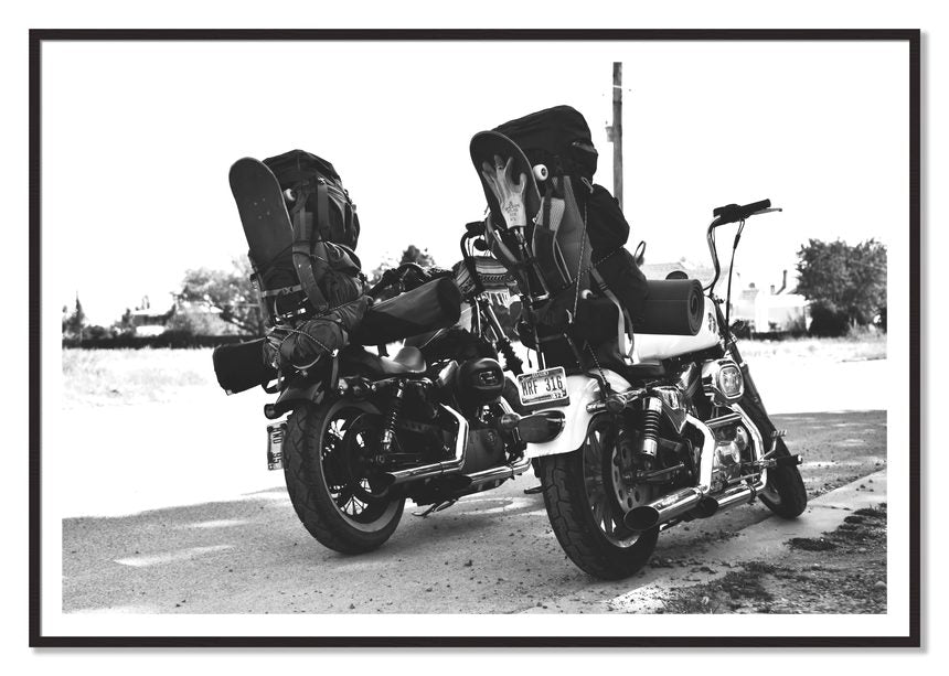 Two Wheels Four Wheels by Dylan Ozanich, 48×72 print with a White Border in a Black Walnut frame