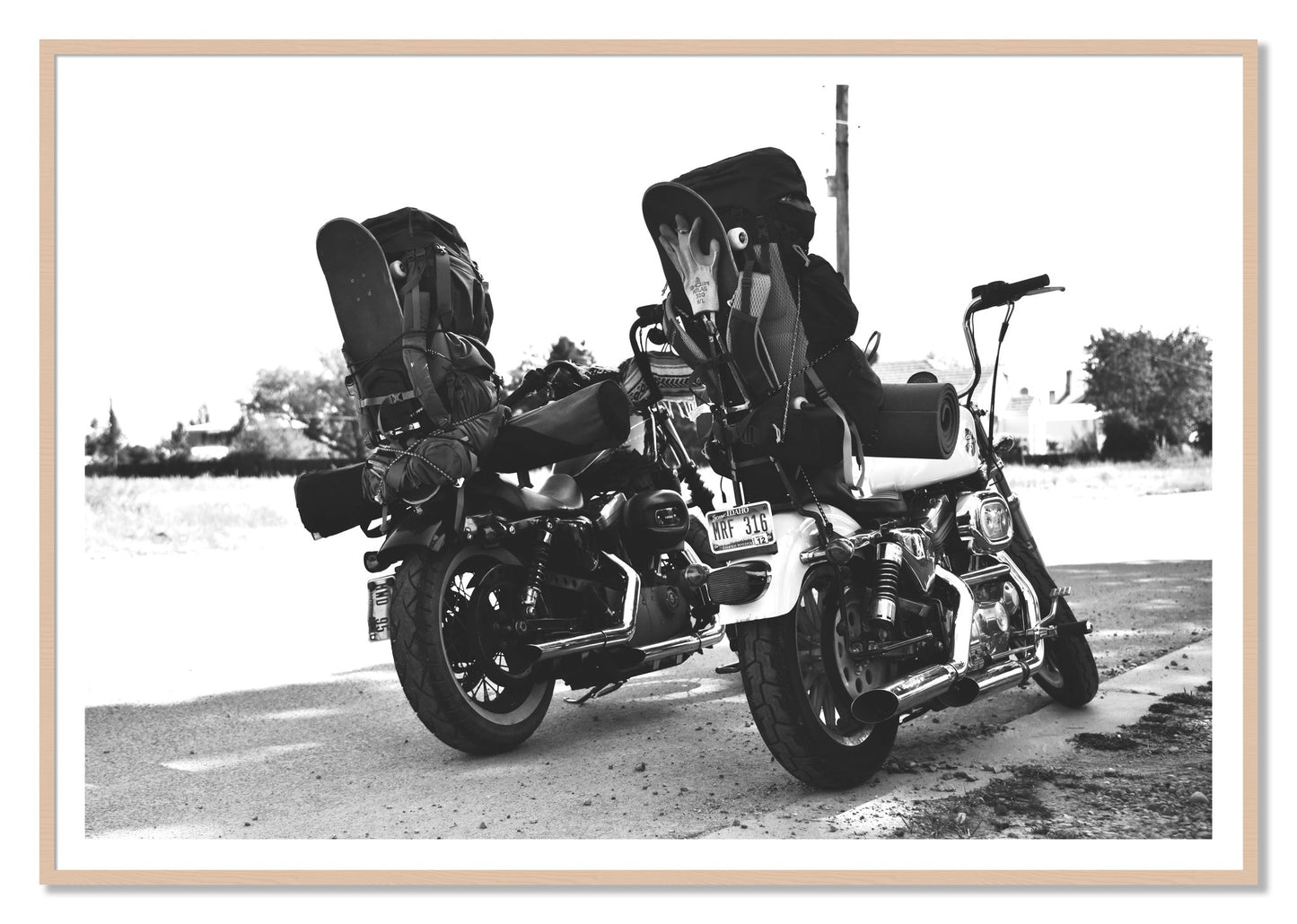 Two Wheels Four Wheels by Dylan Ozanich, 48×72 print with a White Border in a Maple frame