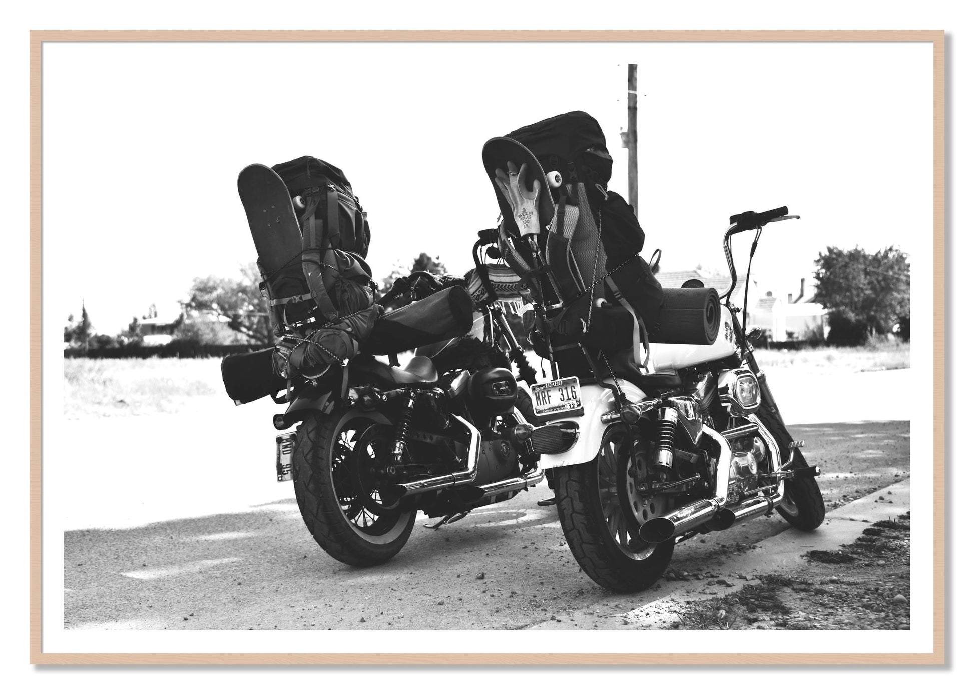 Two Wheels Four Wheels by Dylan Ozanich, 48×72 print with a White Border in a Maple frame