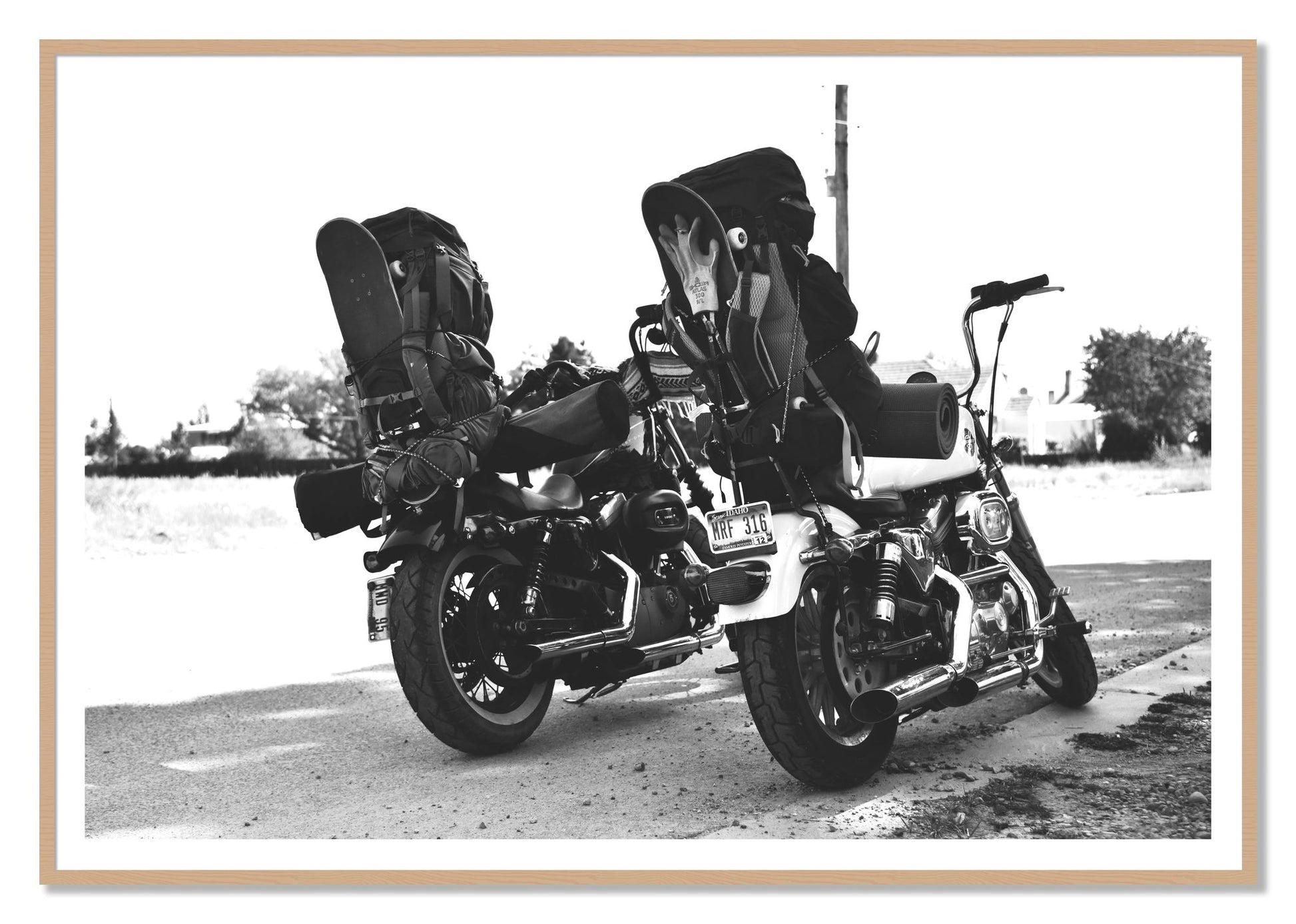 Two Wheels Four Wheels by Dylan Ozanich, 48×72 print with a White Border in an Oak frame