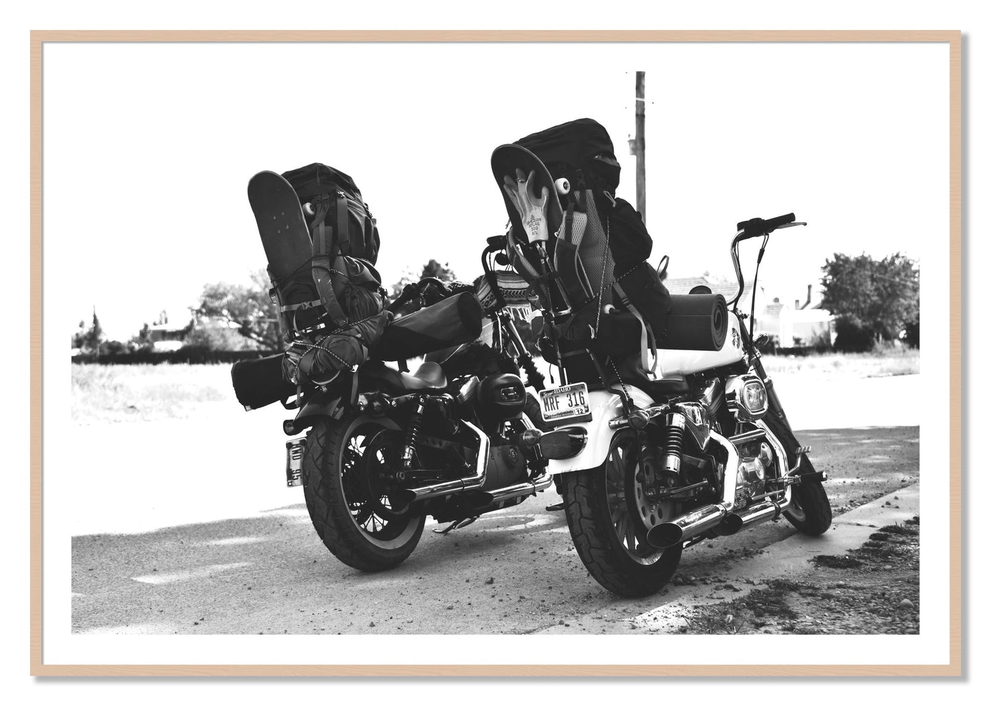 Framed photograph of Two Wheels Four Wheels by Dylan Ozanich, Maple frame, Borders