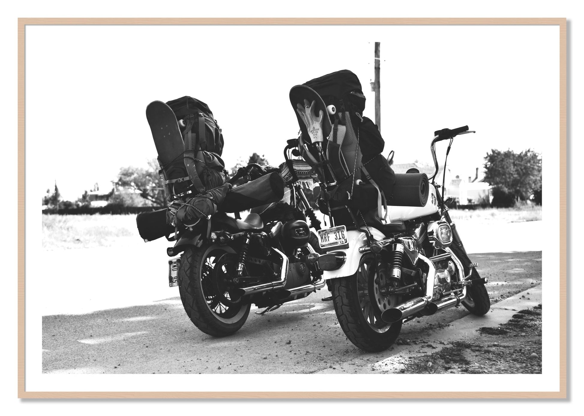 Framed photograph of Two Wheels Four Wheels by Dylan Ozanich, Maple frame, Borders