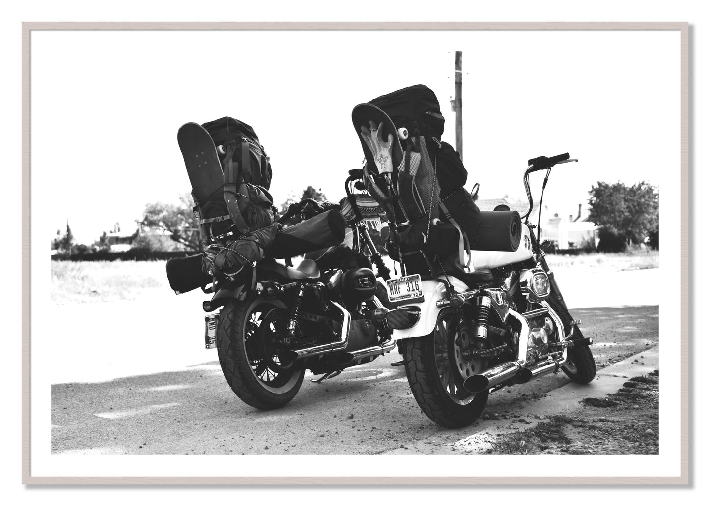 Framed photograph of Two Wheels Four Wheels by Dylan Ozanich, White Maple frame, Borders