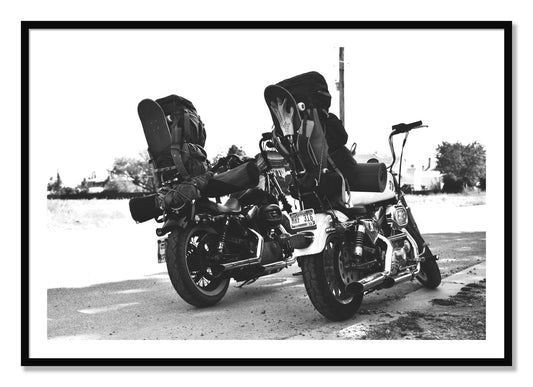 Framed photograph of Two Wheels Four Wheels by Dylan Ozanich, Black frame, Borders