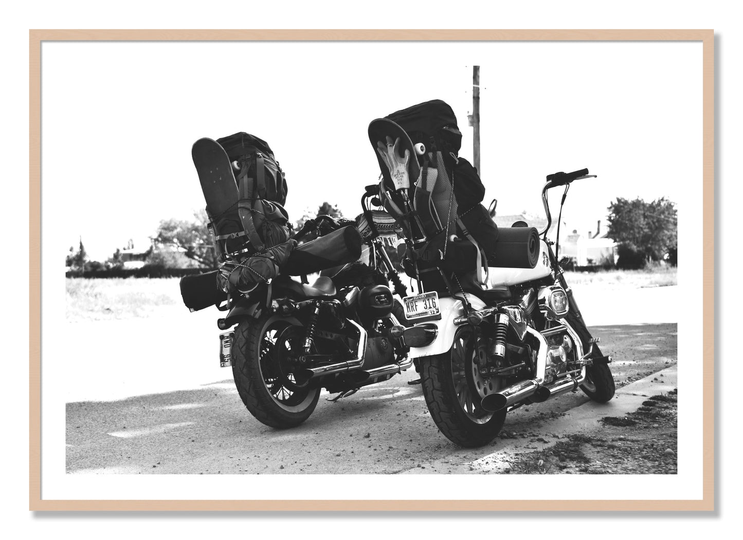 Framed photograph of Two Wheels Four Wheels by Dylan Ozanich, Maple frame, Borders