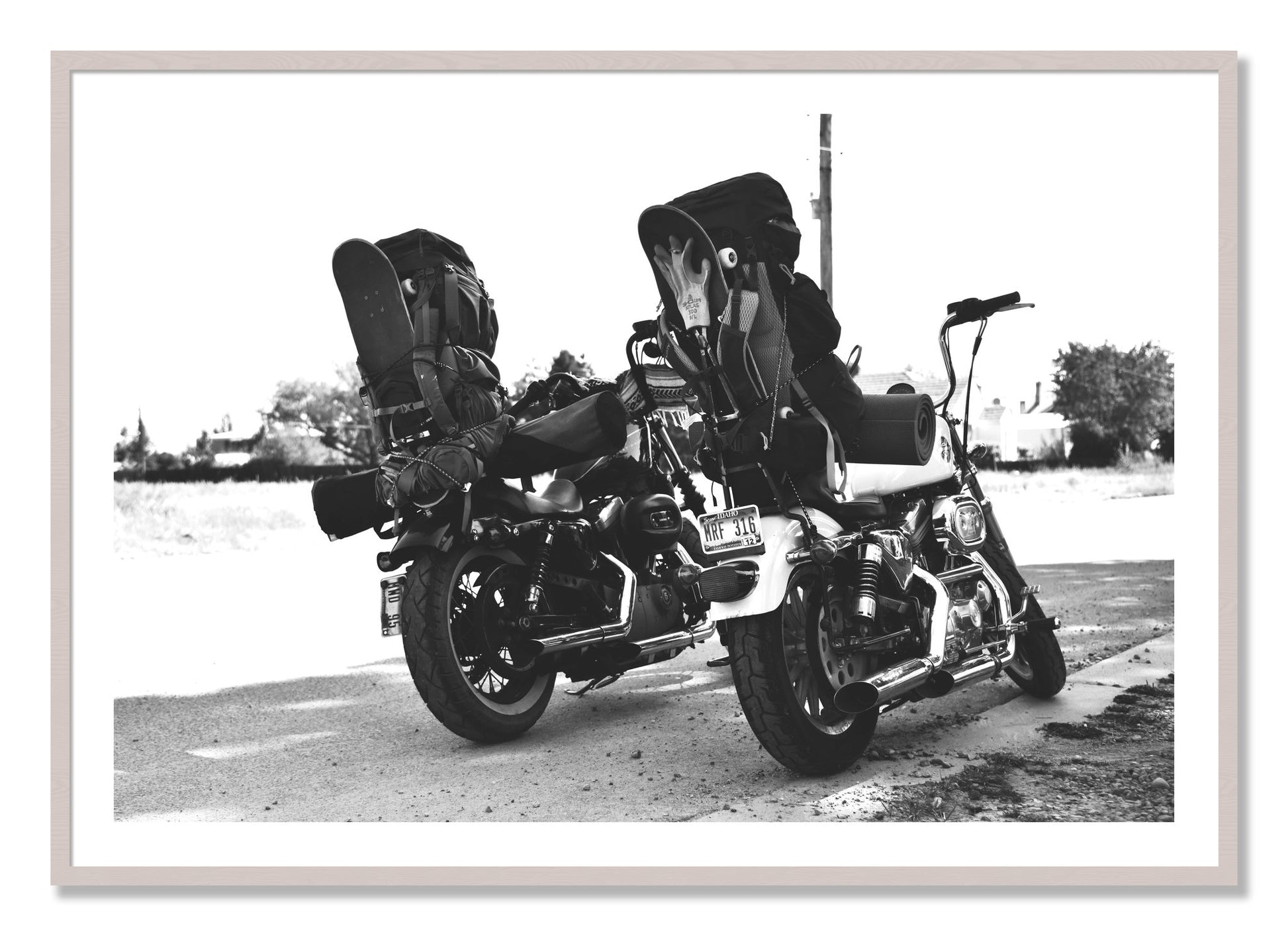 Framed photograph of Two Wheels Four Wheels by Dylan Ozanich, White Maple frame, Borders
