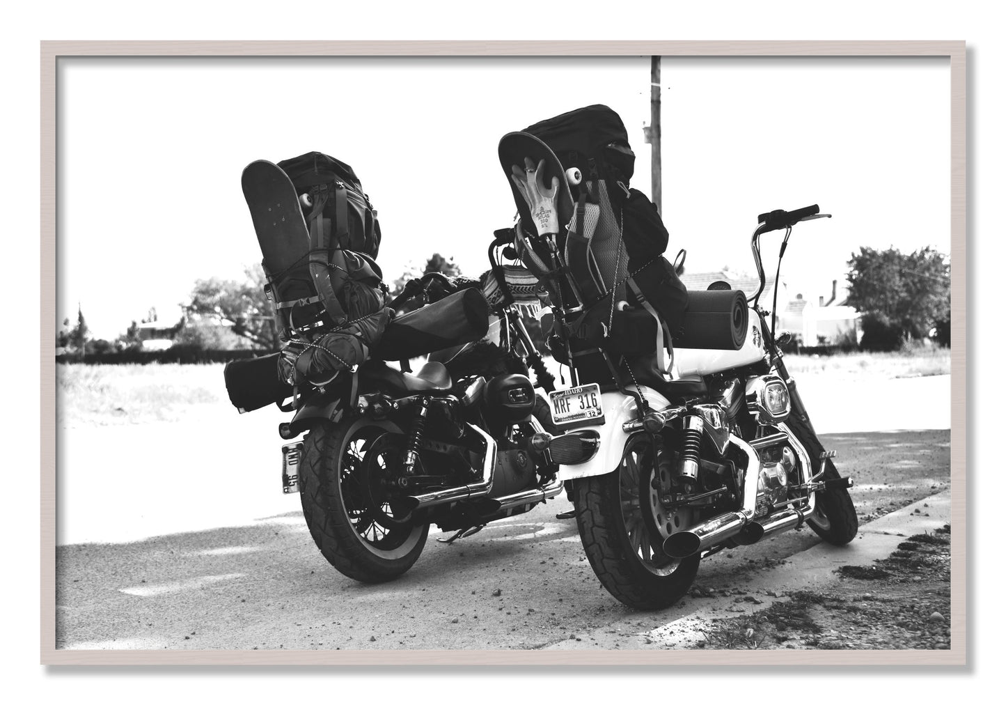 Framed photograph of Two Wheels Four Wheels by Dylan Ozanich, White Maple frame, Full Bleed