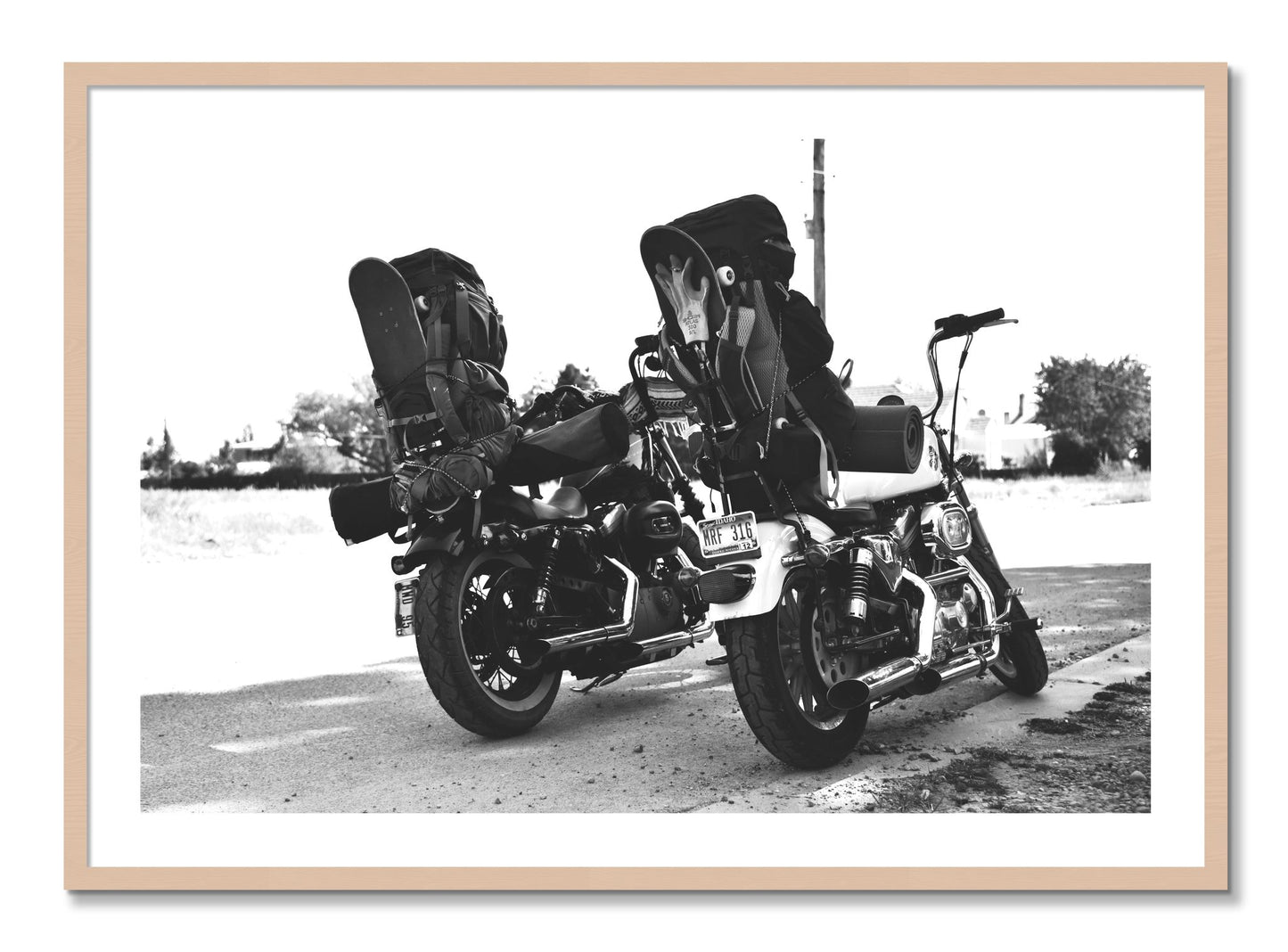 Framed photograph of Two Wheels Four Wheels by Dylan Ozanich, Maple frame, Borders