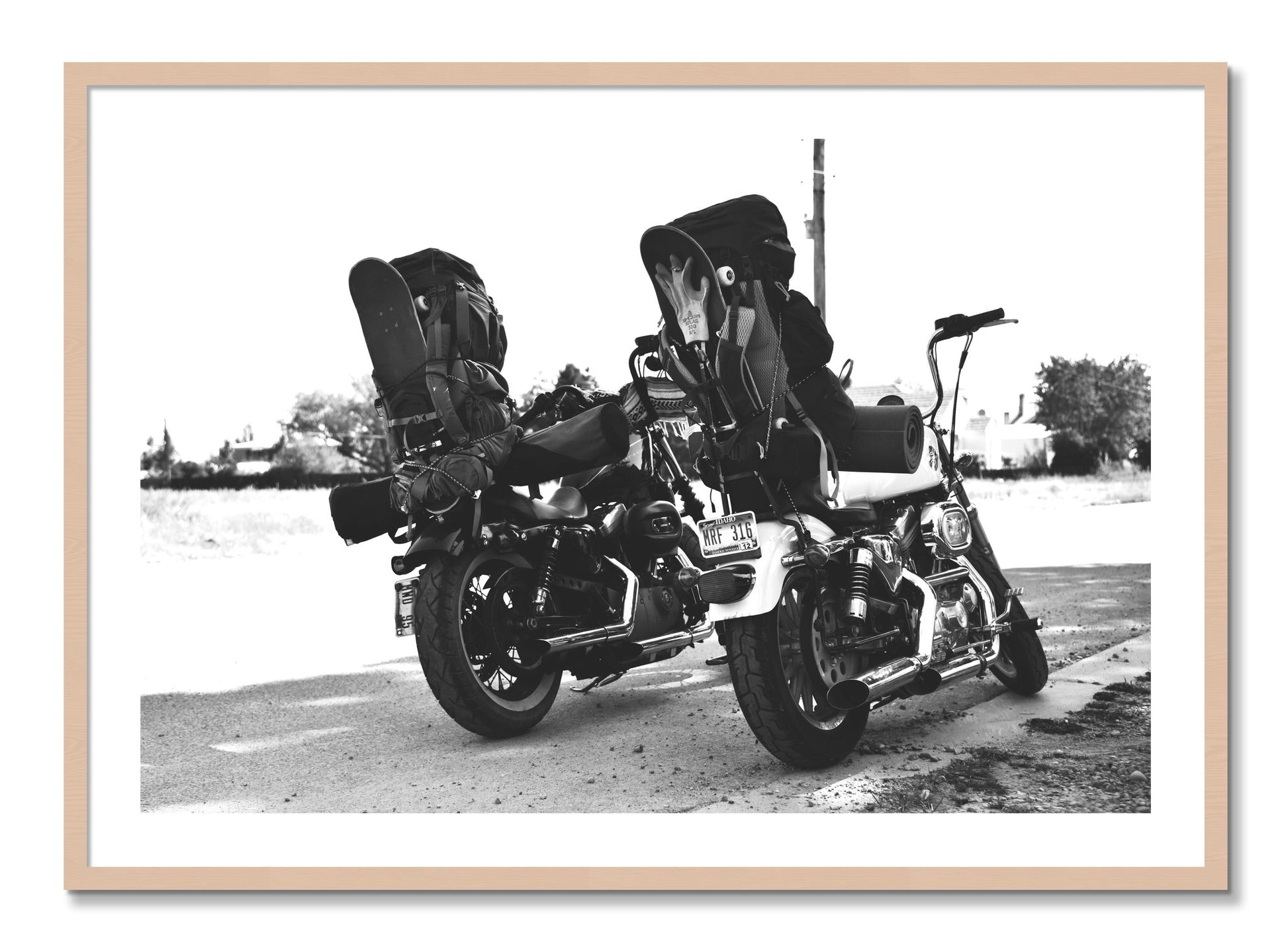 Framed photograph of Two Wheels Four Wheels by Dylan Ozanich, Maple frame, Borders