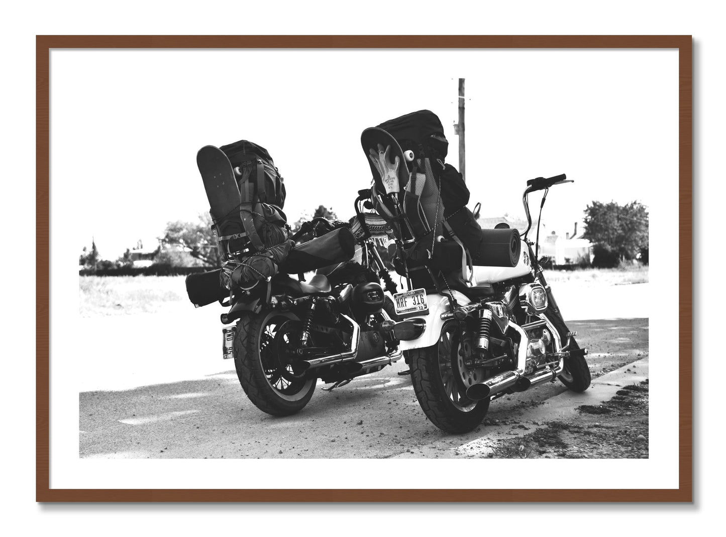 Framed photograph of Two Wheels Four Wheels by Dylan Ozanich, Walnut frame, Borders