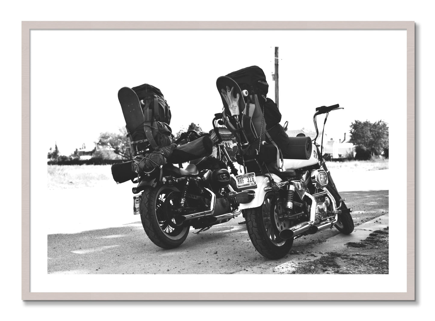 Framed photograph of Two Wheels Four Wheels by Dylan Ozanich, White Maple frame, Borders