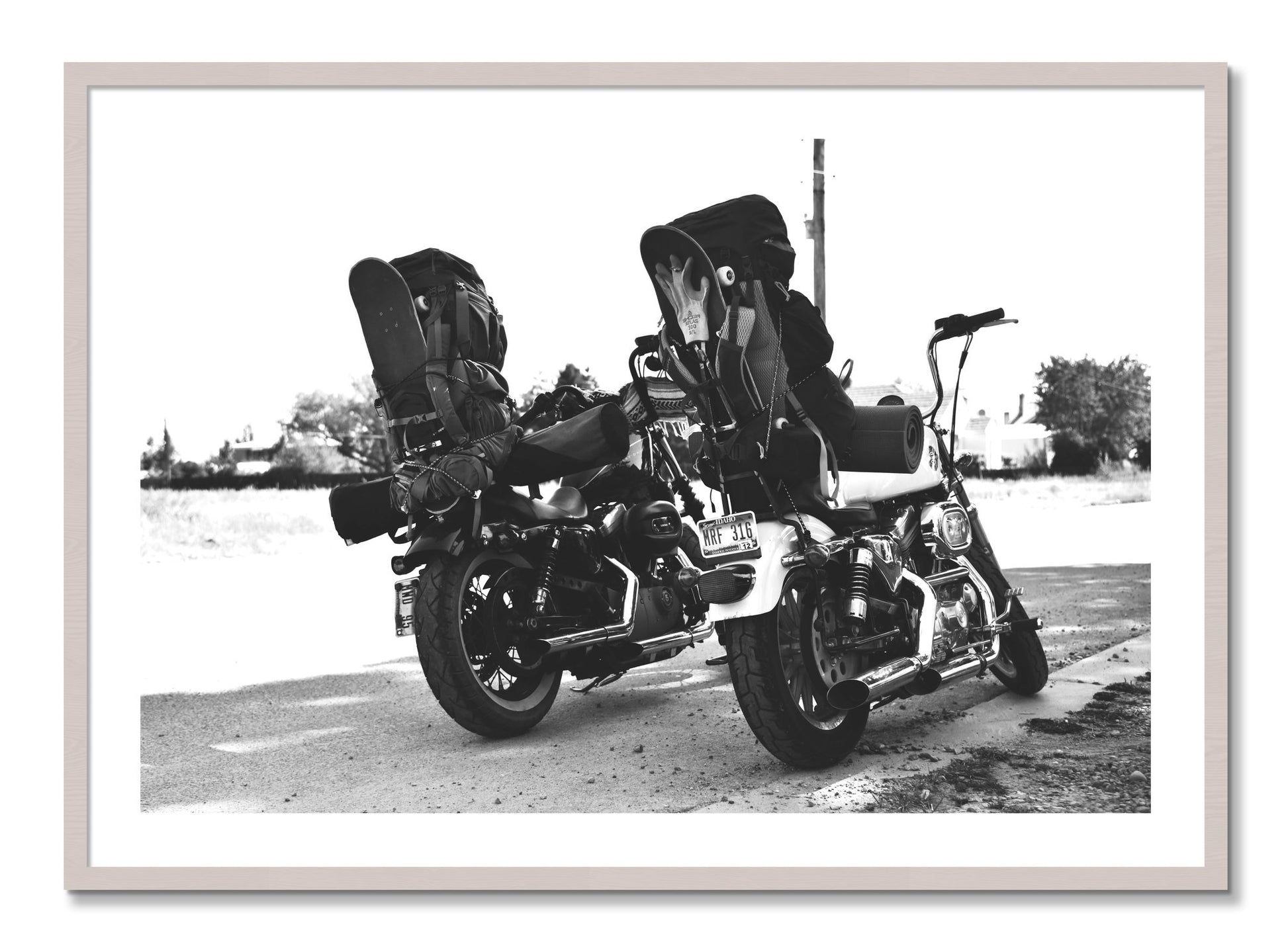 Framed photograph of Two Wheels Four Wheels by Dylan Ozanich, White Maple frame, Borders