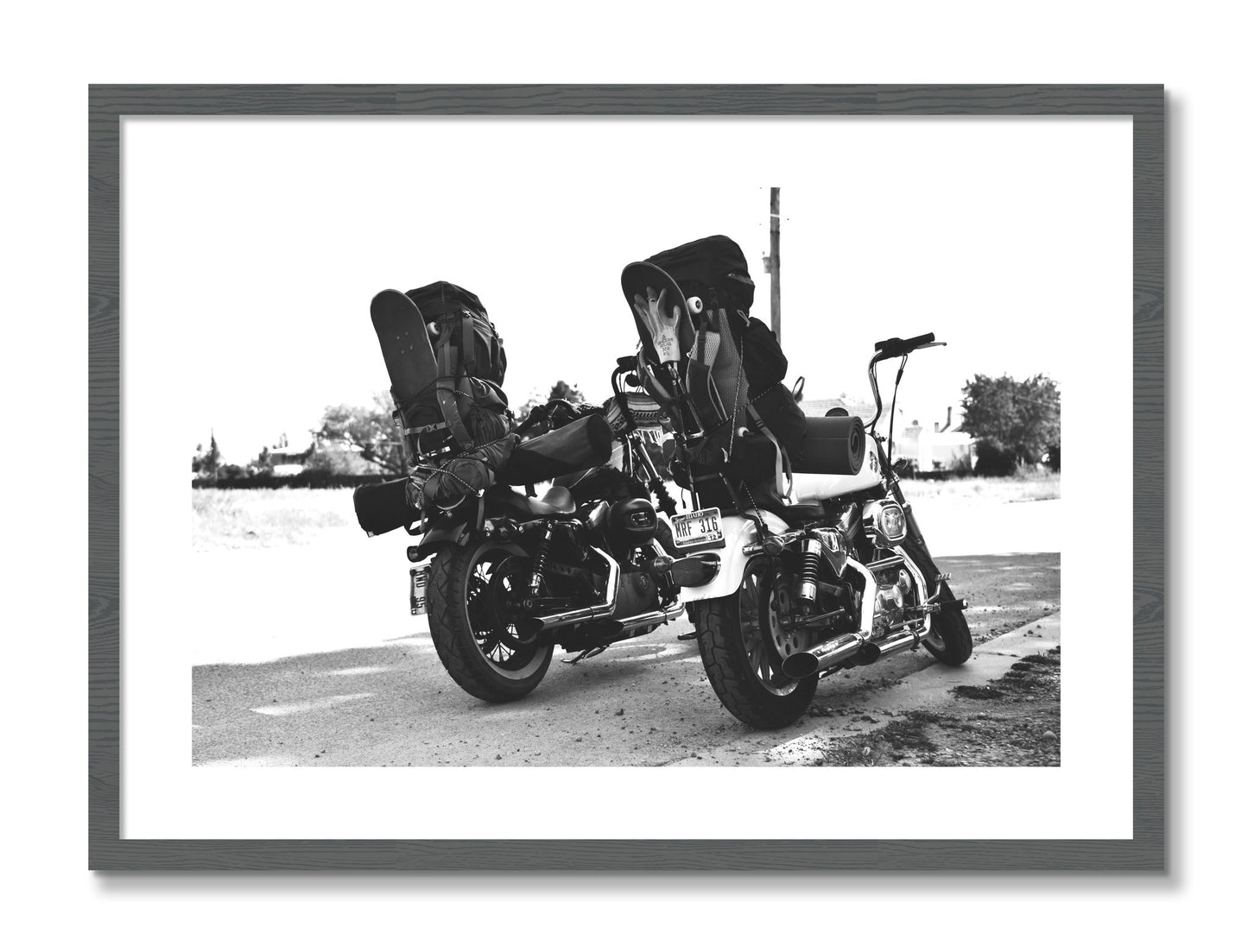 Framed photograph of Two Wheels Four Wheels by Dylan Ozanich, Grey frame, Borders
