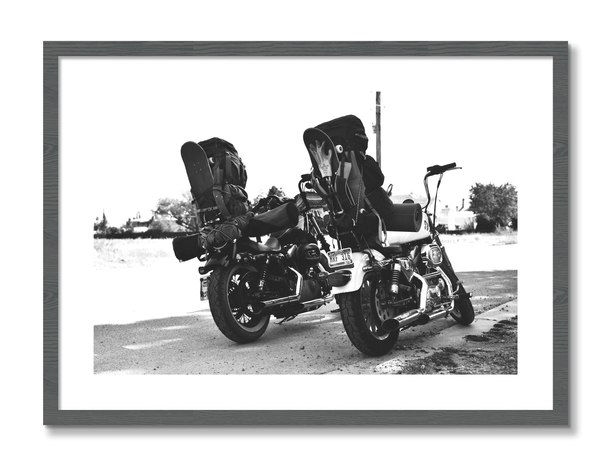 Framed photograph of Two Wheels Four Wheels by Dylan Ozanich, Grey frame, Borders