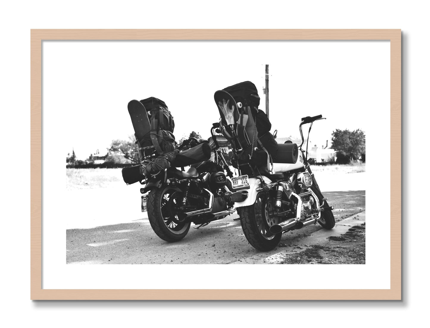Framed photograph of Two Wheels Four Wheels by Dylan Ozanich, Maple frame, Borders