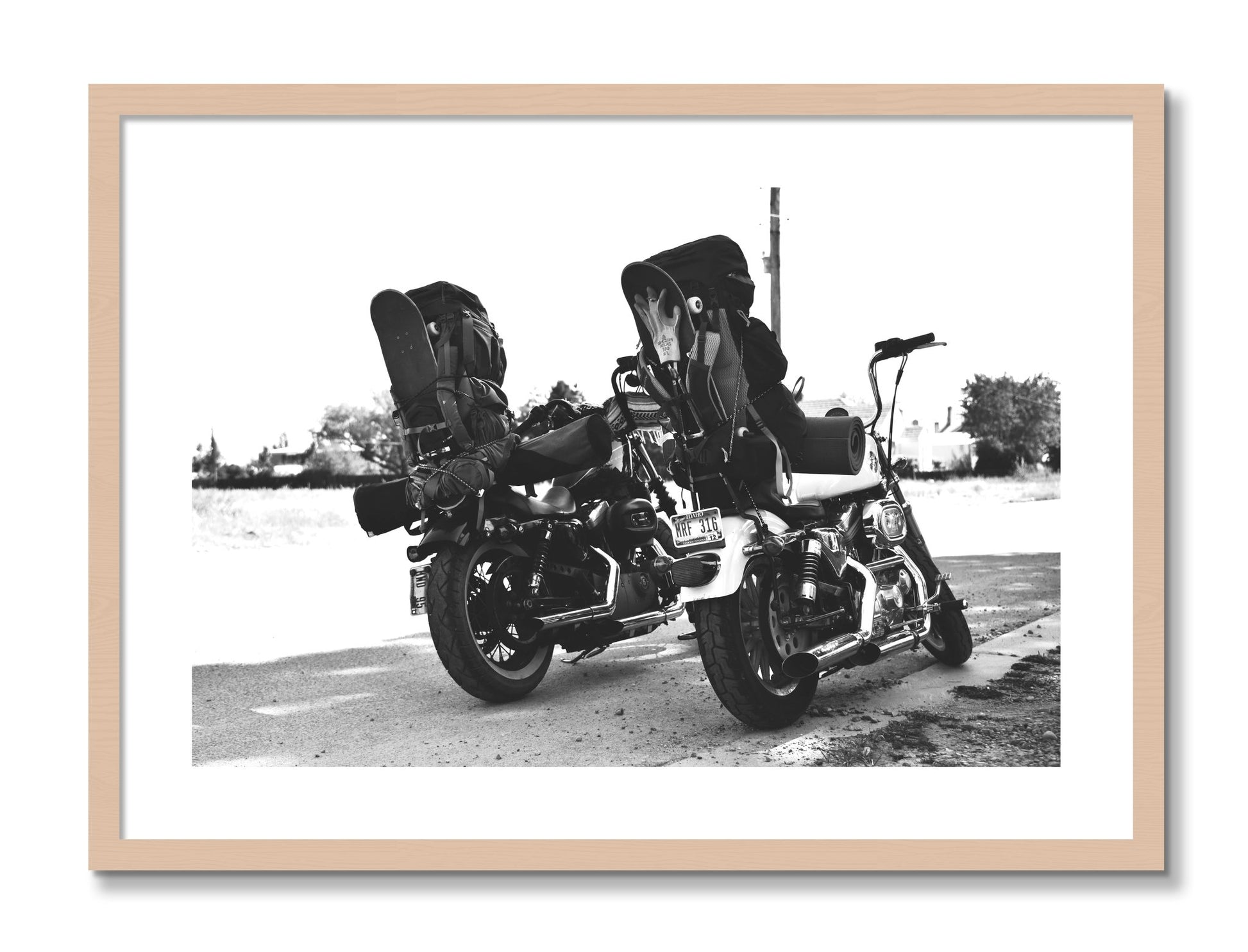 Framed photograph of Two Wheels Four Wheels by Dylan Ozanich, Maple frame, Borders