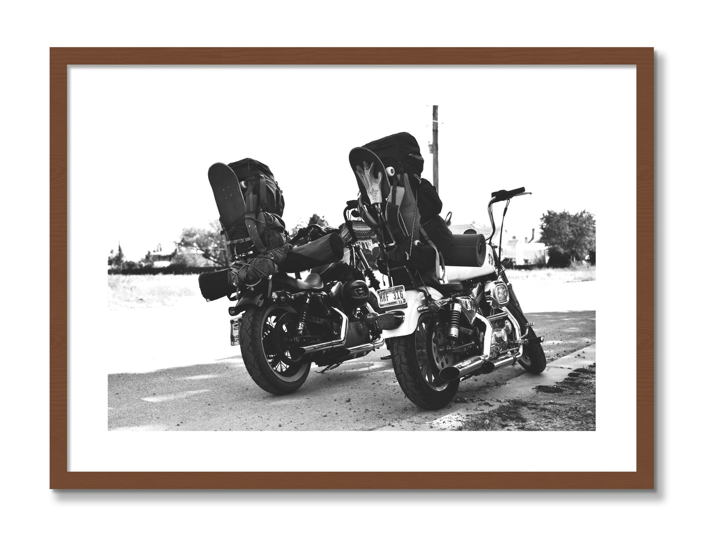 Framed photograph of Two Wheels Four Wheels by Dylan Ozanich, Walnut frame, Borders