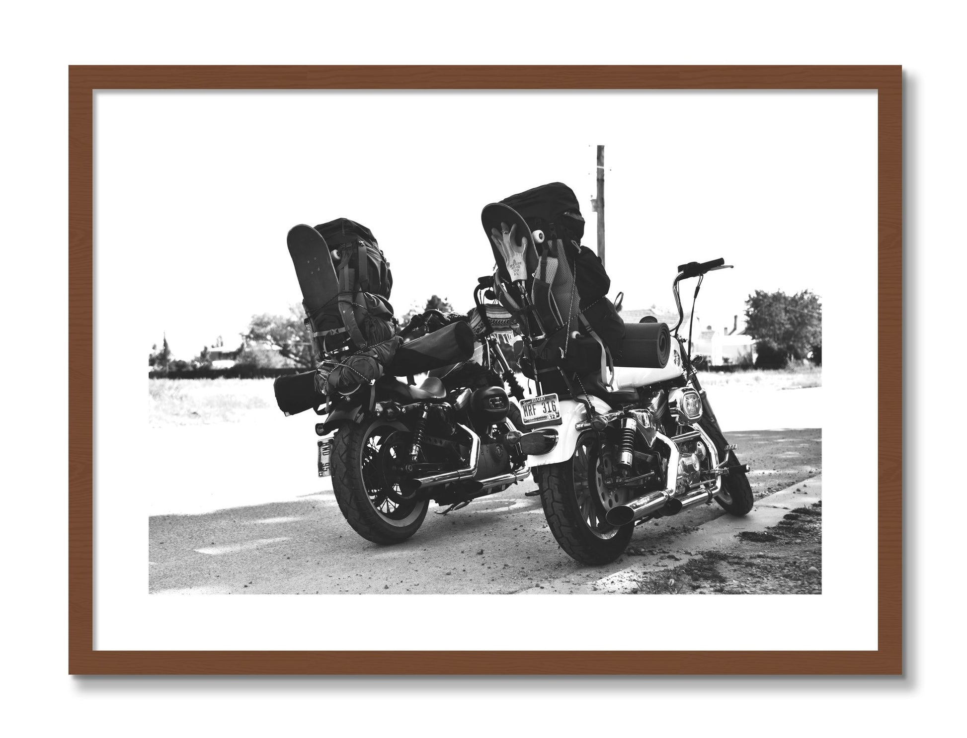 Framed photograph of Two Wheels Four Wheels by Dylan Ozanich, Walnut frame, Borders