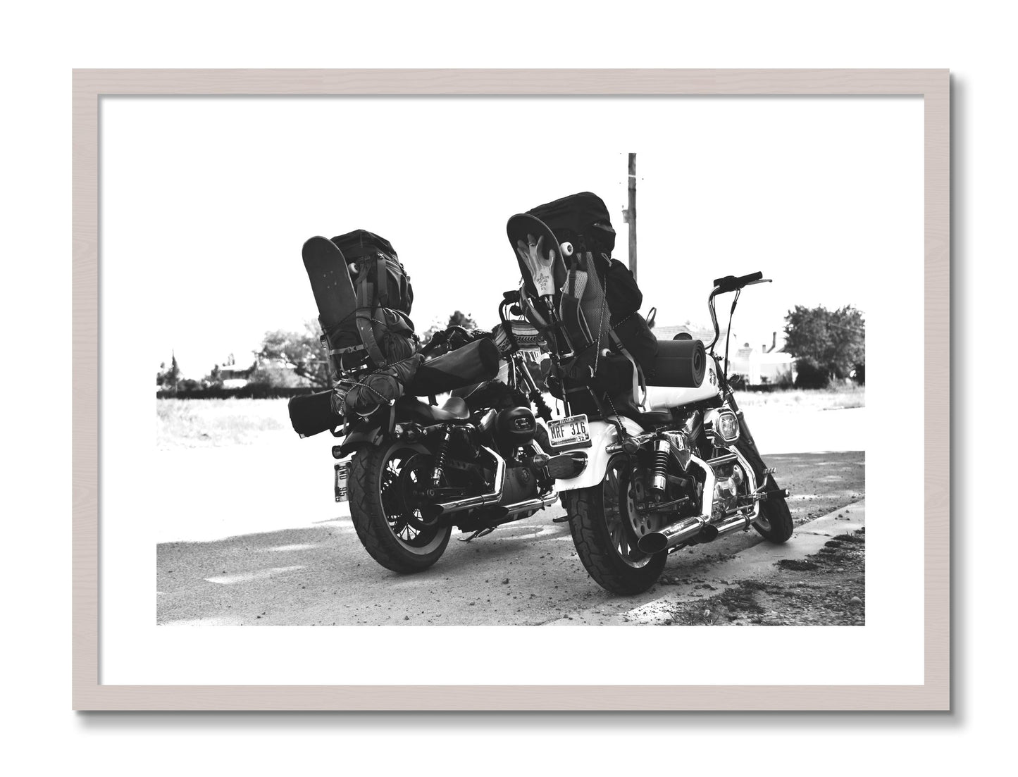Framed photograph of Two Wheels Four Wheels by Dylan Ozanich, White Maple frame, Borders