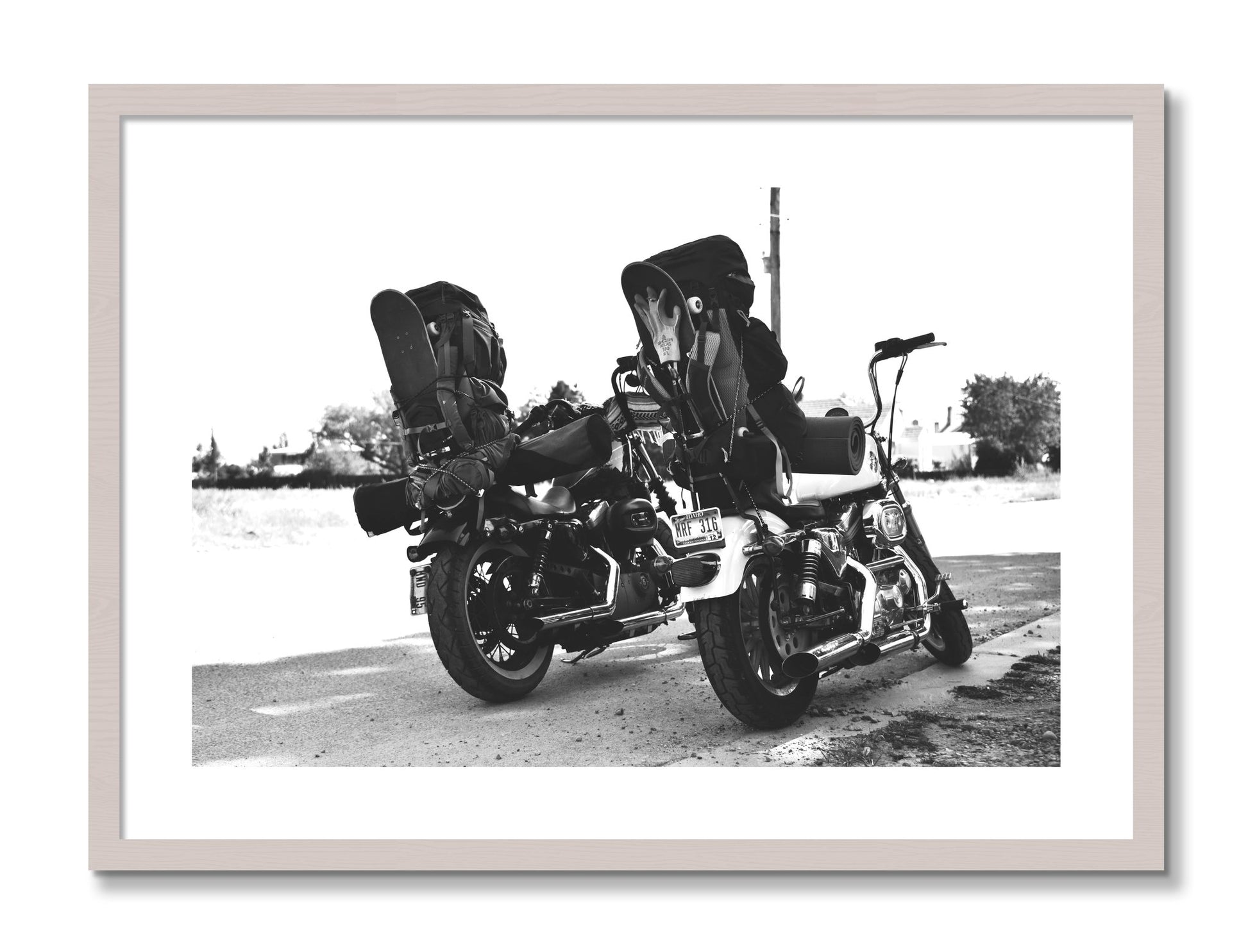 Framed photograph of Two Wheels Four Wheels by Dylan Ozanich, White Maple frame, Borders