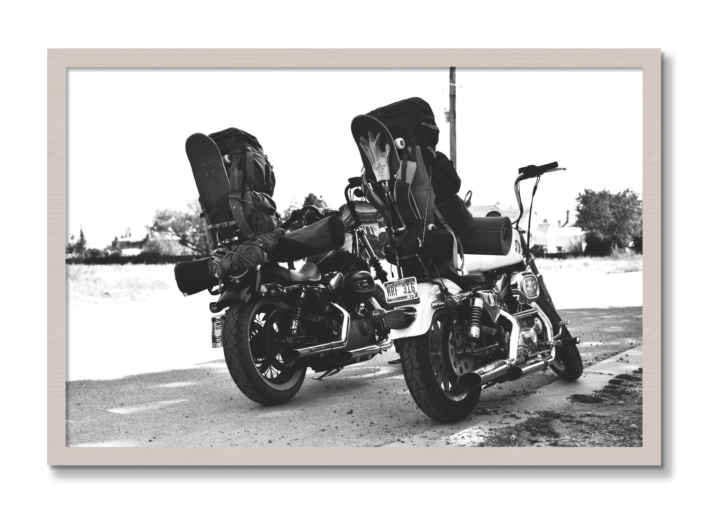 Framed photograph of Two Wheels Four Wheels by Dylan Ozanich, White Maple frame, Full Bleed