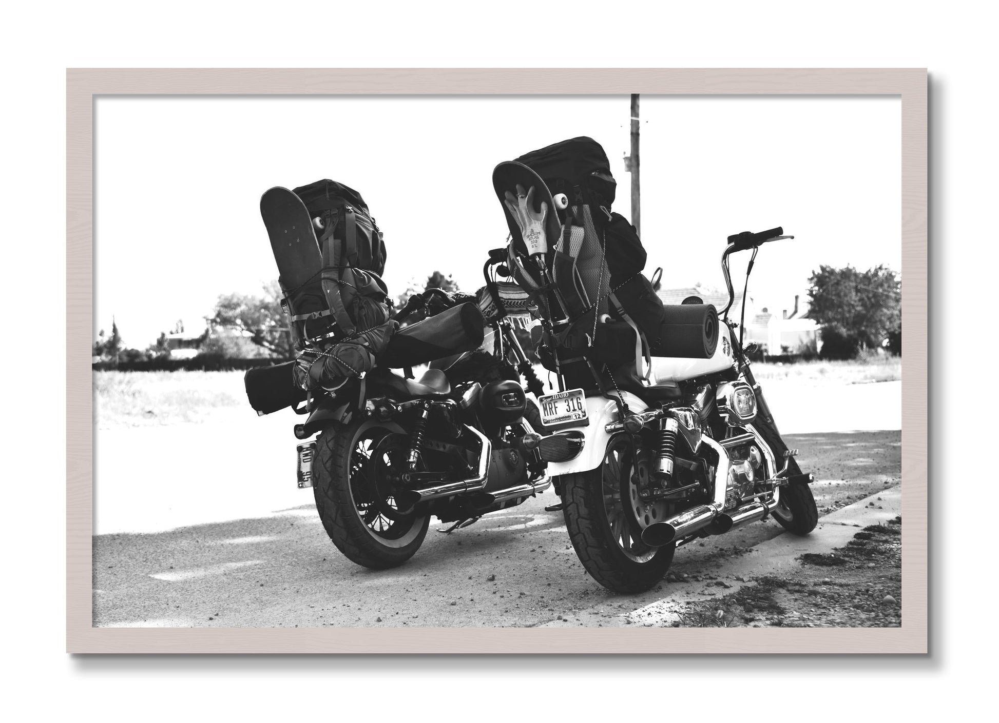 Framed photograph of Two Wheels Four Wheels by Dylan Ozanich, White Maple frame, Full Bleed