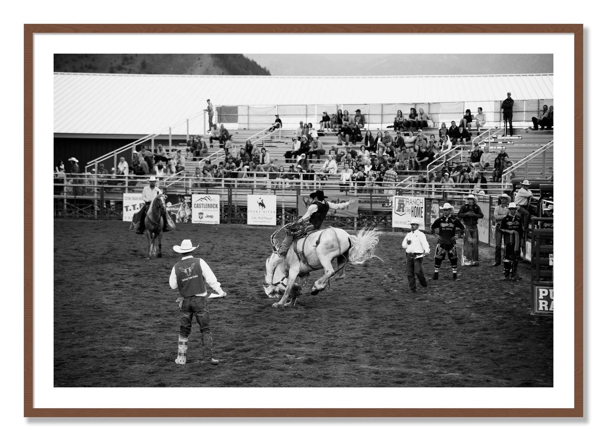 Framed photograph of United States Rodeo by Dylan Ozanich, Walnut frame, Borders