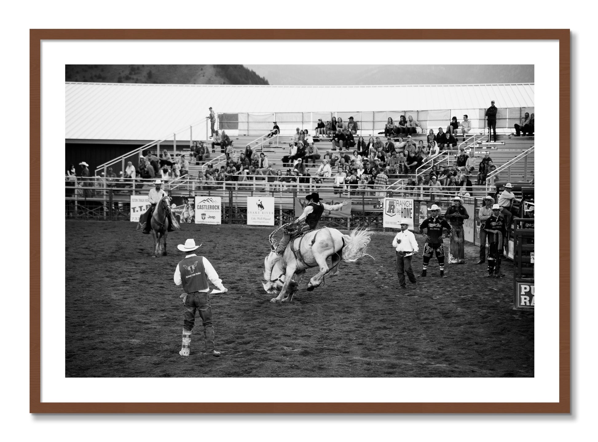 Framed photograph of United States Rodeo by Dylan Ozanich, Walnut frame, Borders