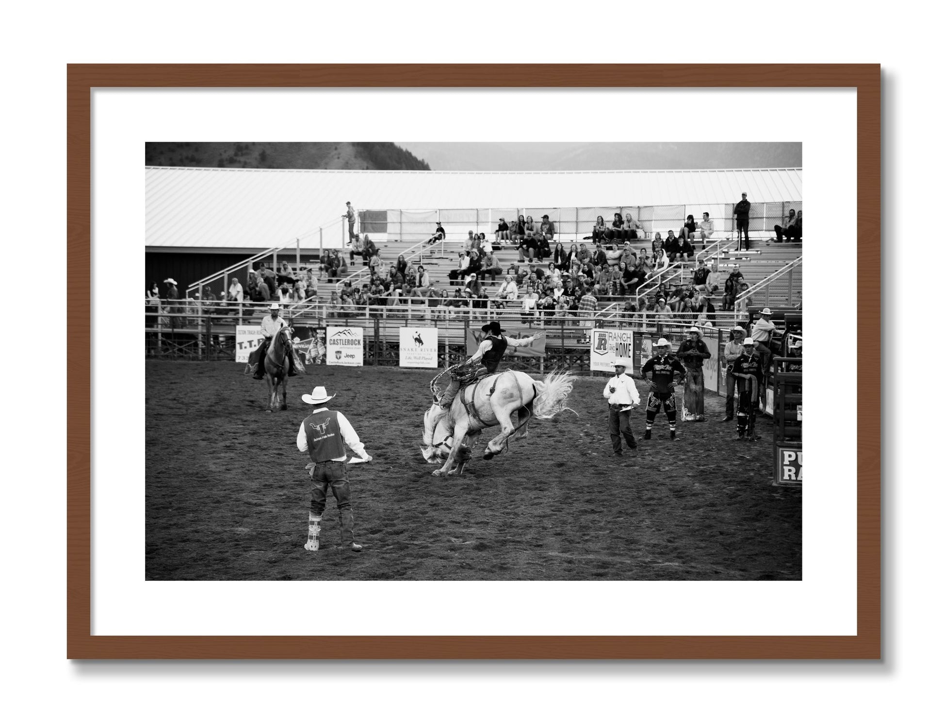 Framed photograph of United States Rodeo by Dylan Ozanich, Walnut frame, Borders