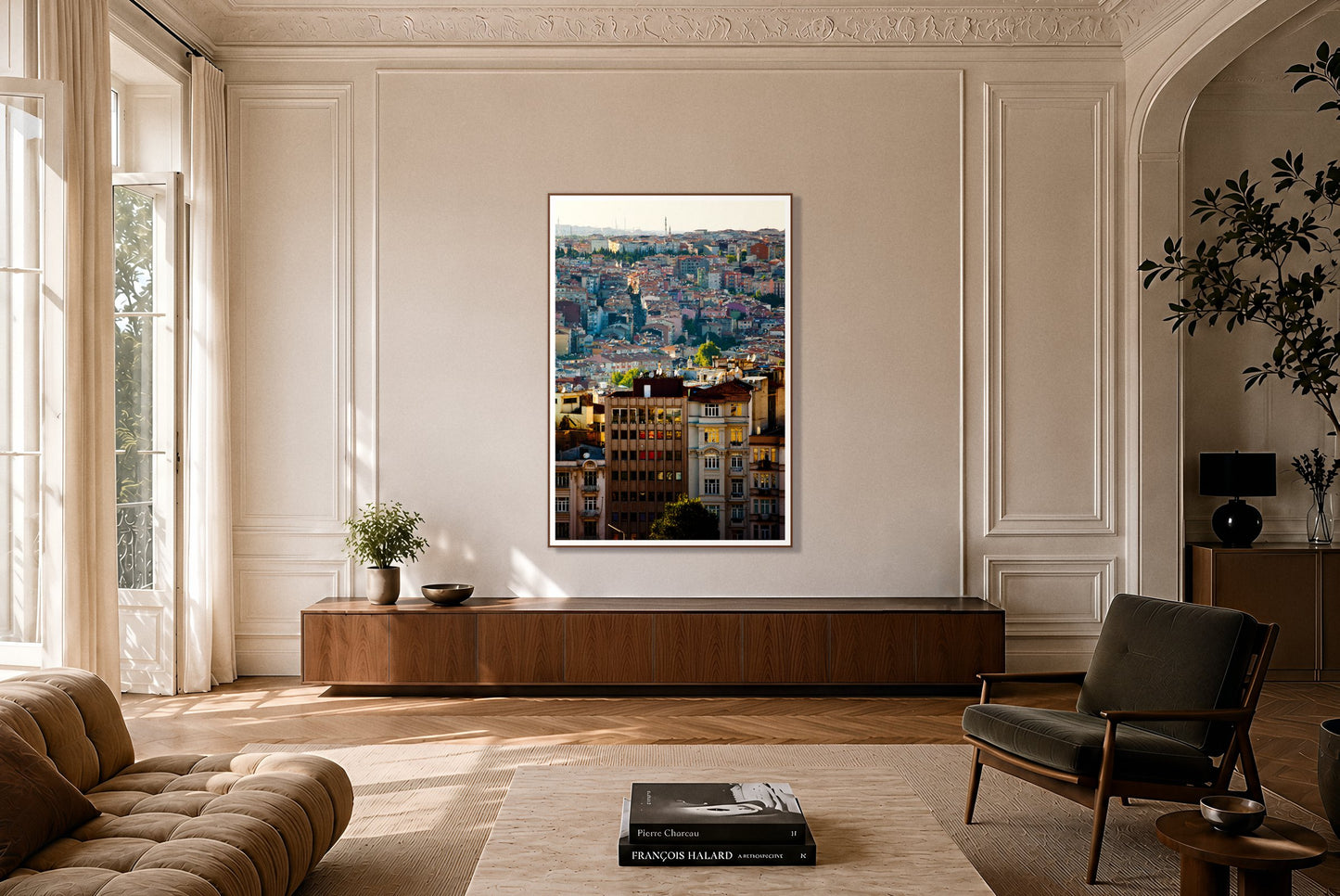 Urban Color by Dylan Ozanich in a Walnut frame, on a paneled wall above a walnut credenza in a Parisian apartment