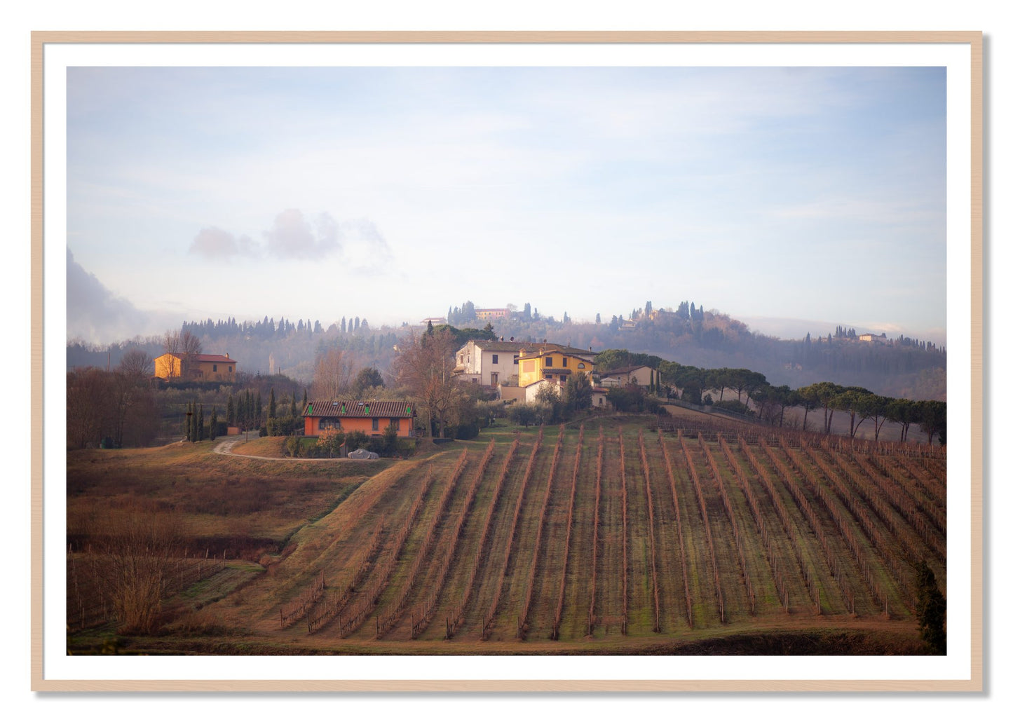 Villa by Dylan Ozanich, 48×72 print with a White Border in a Maple frame