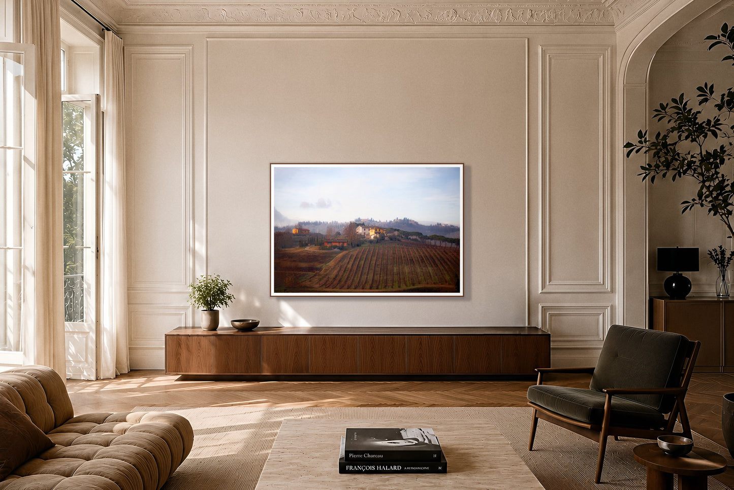 Villa by Dylan Ozanich in a Walnut frame, on a paneled wall above a walnut credenza in a Parisian apartment