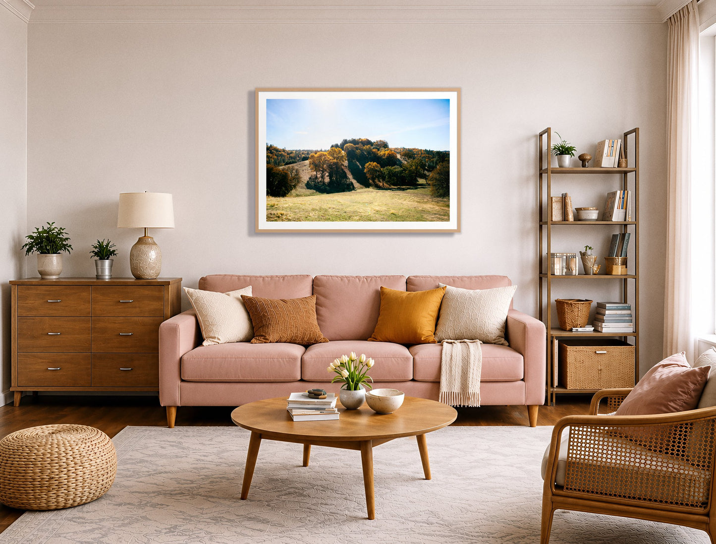 Where IGrew Up by Dylan Ozanich in an Oak frame, above a blush pink sofa in a warm, eclectic living room