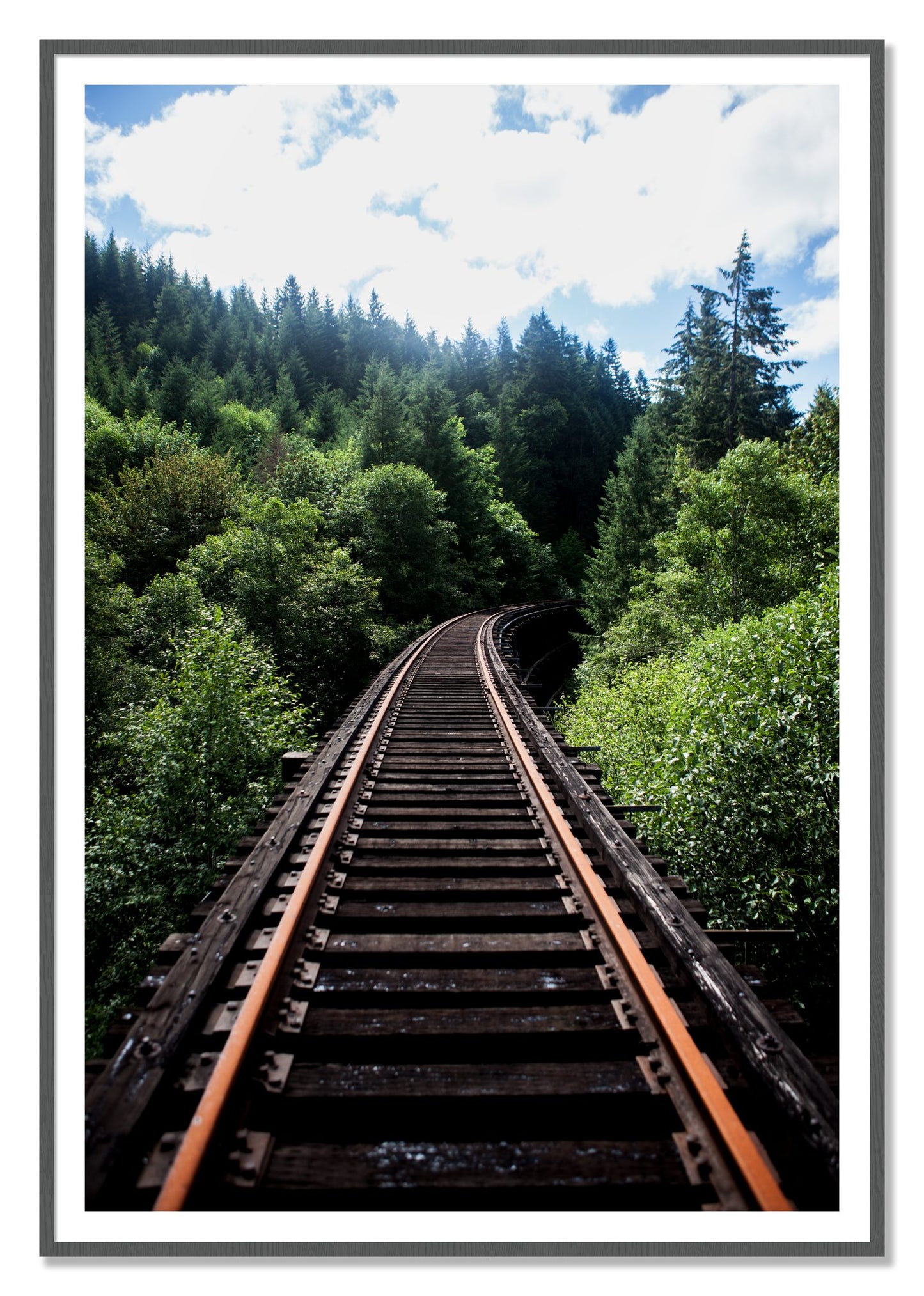 Wood Bridge by Dylan Ozanich, 48×72 print with a White Border in a Grey frame