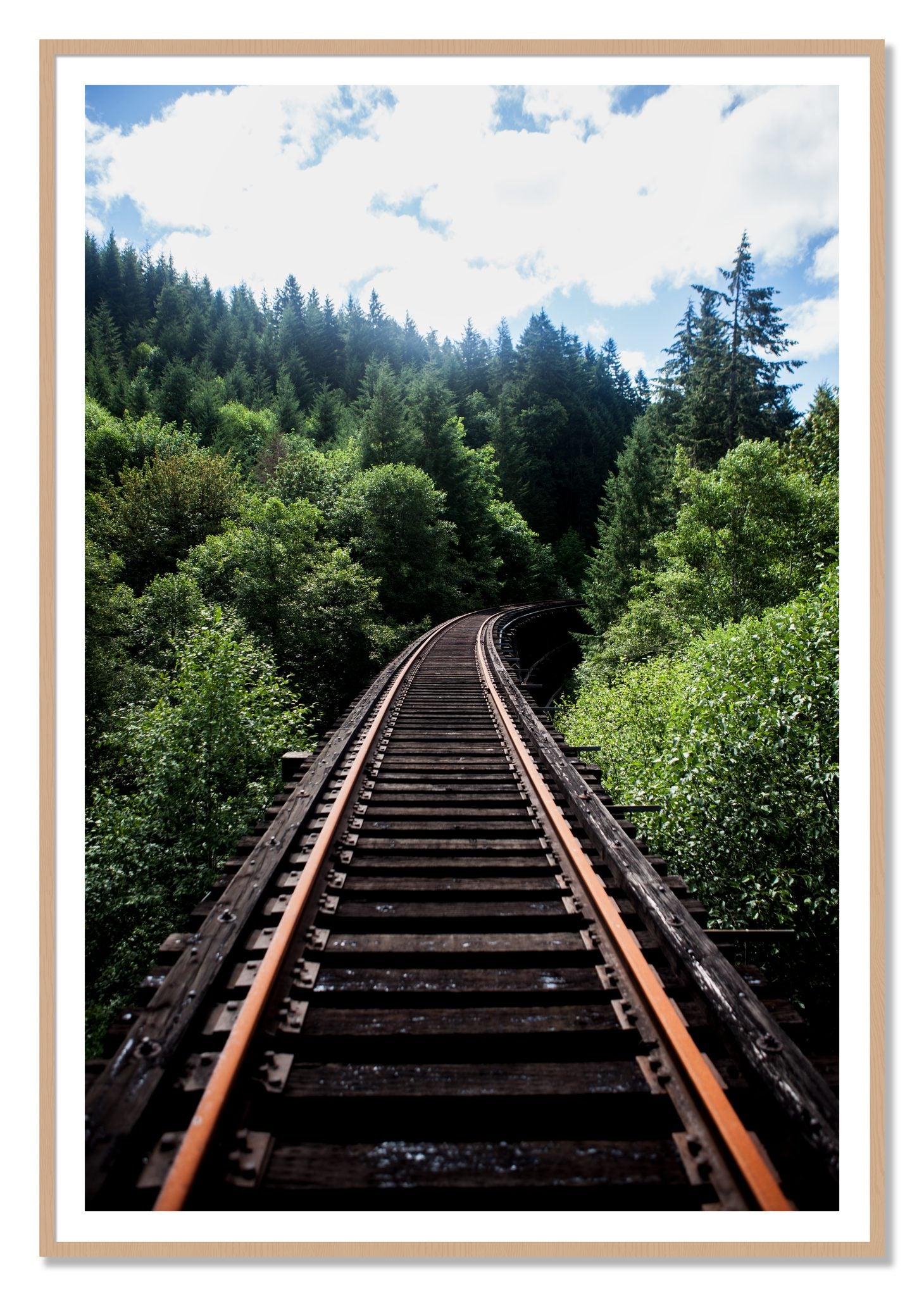 Wood Bridge by Dylan Ozanich, 48×72 print with a White Border in an Oak frame