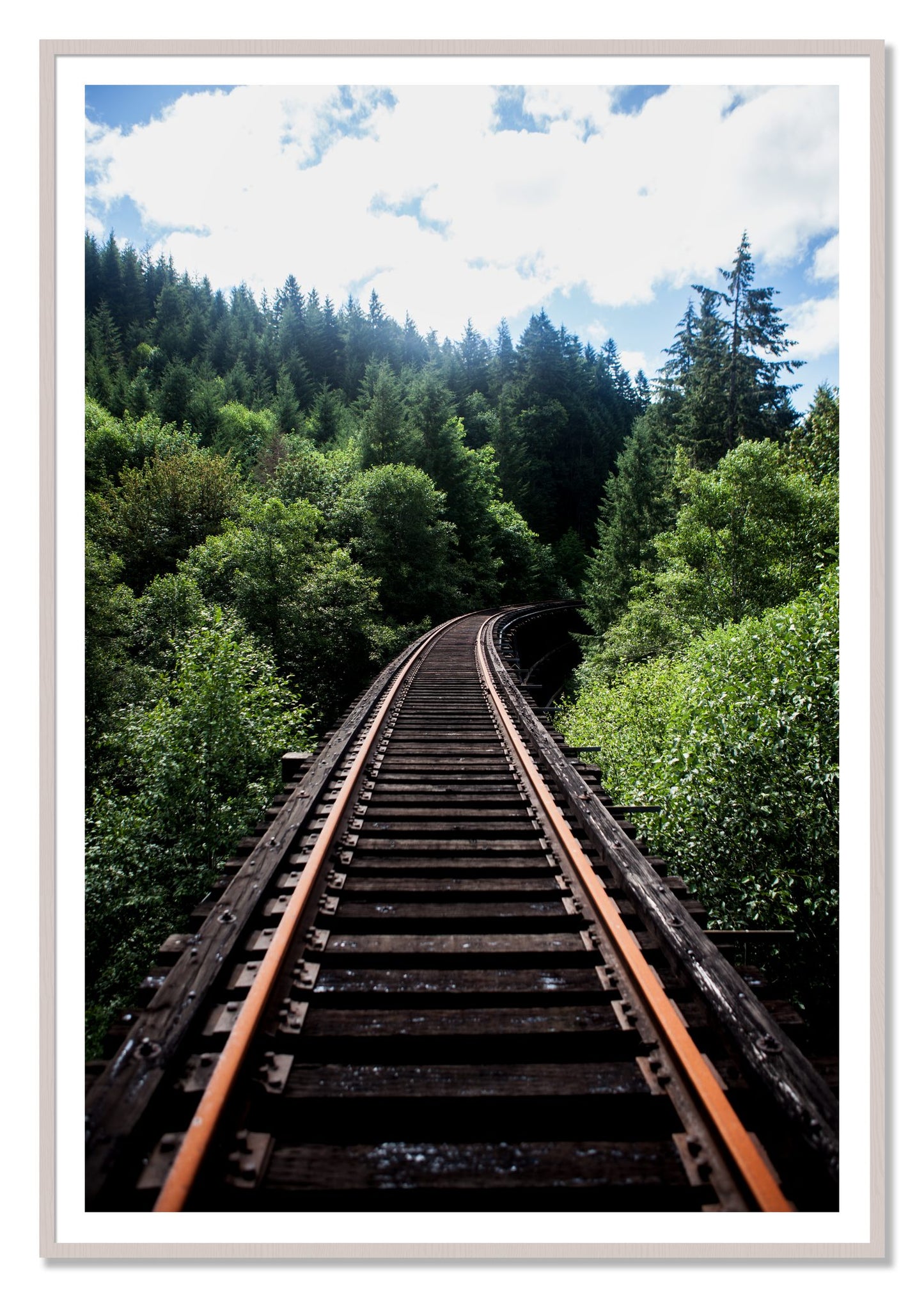 Wood Bridge by Dylan Ozanich, 48×72 print with a White Border in a White Maple frame