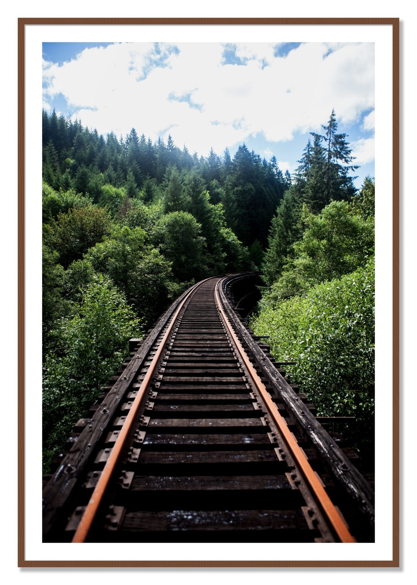 Framed photograph of Wood Bridge by Dylan Ozanich, Walnut frame, Borders