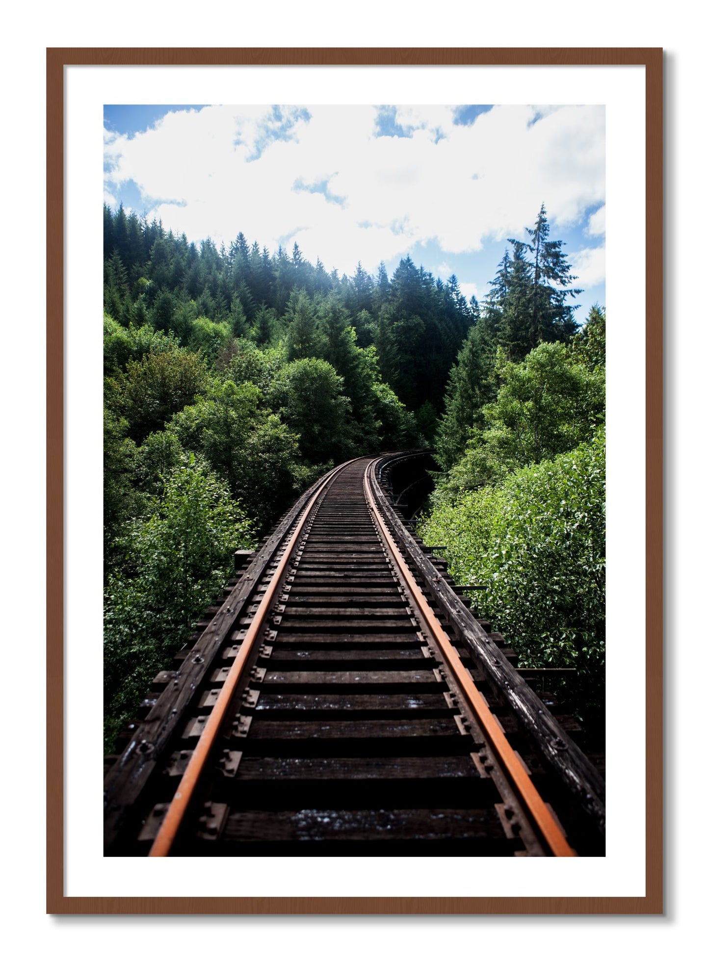 Framed photograph of Wood Bridge by Dylan Ozanich, Walnut frame, Borders