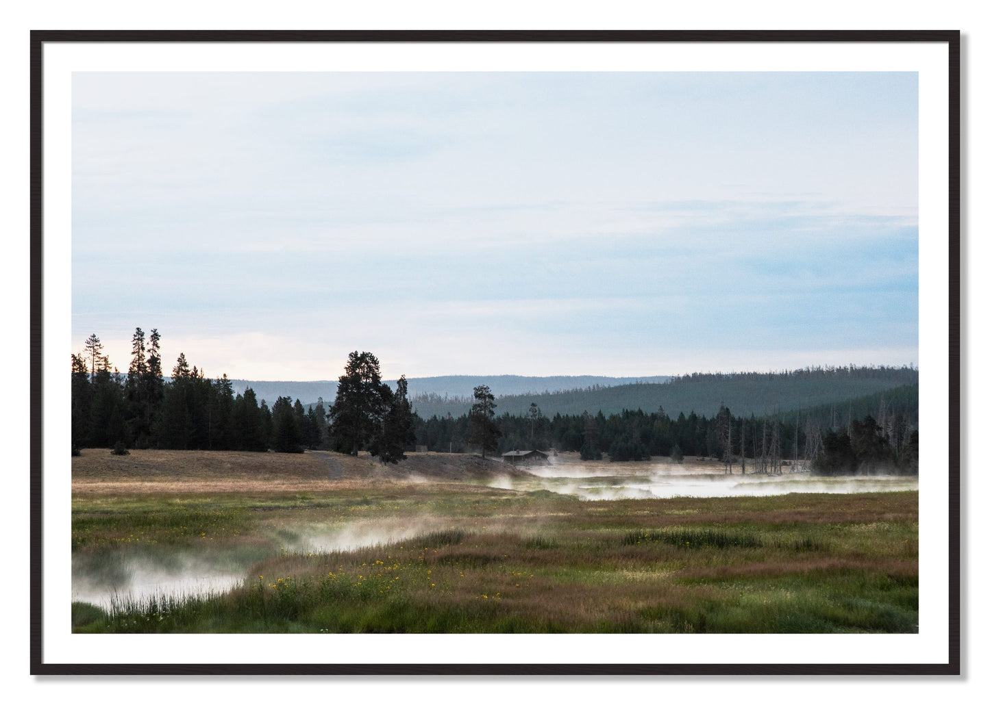 Framed photograph of Yellowstone Morning by Dylan Ozanich, Black Walnut frame, Borders