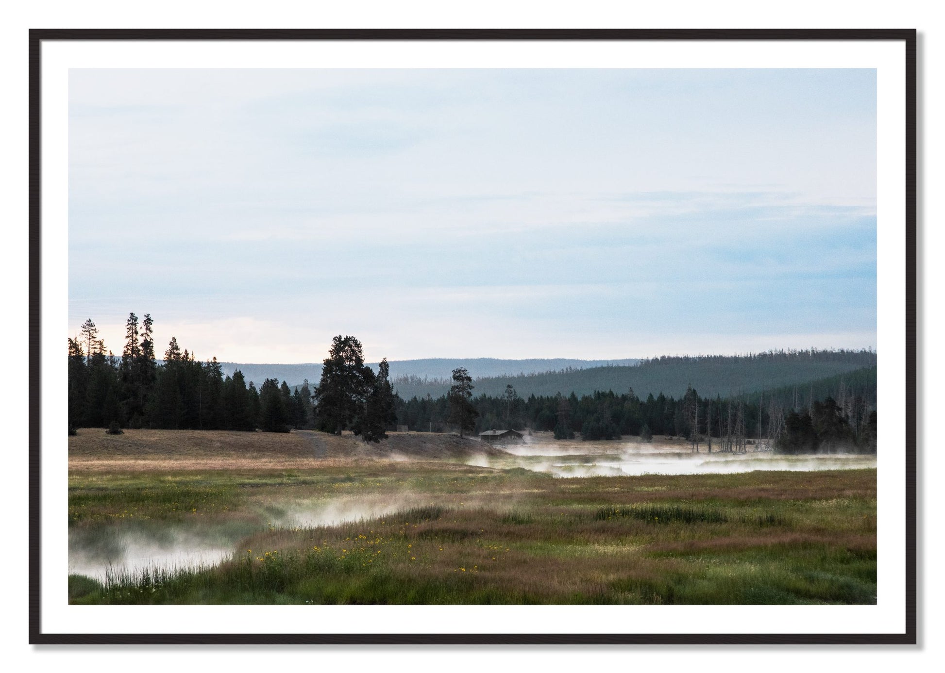 Framed photograph of Yellowstone Morning by Dylan Ozanich, Black Walnut frame, Borders