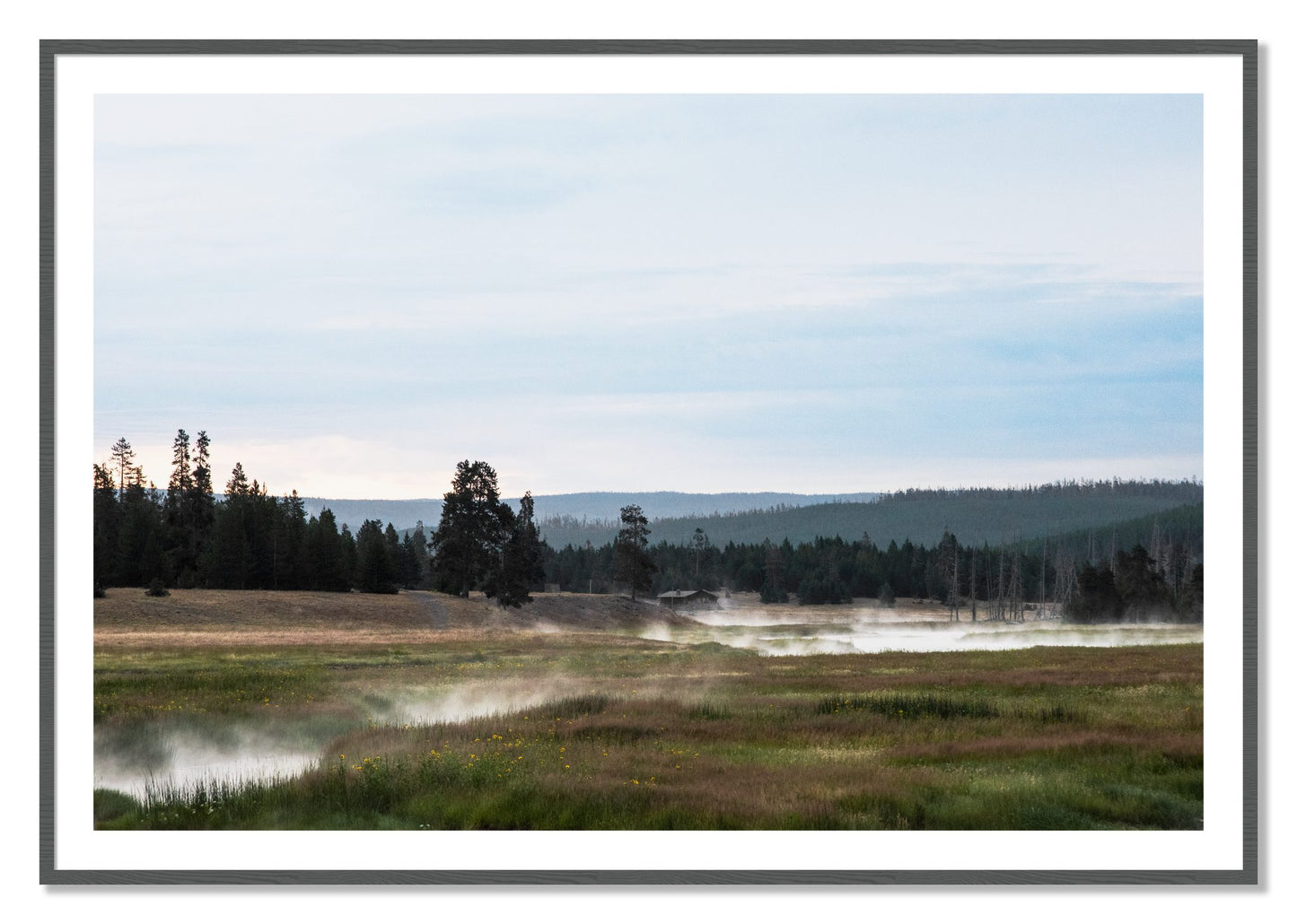 Framed photograph of Yellowstone Morning by Dylan Ozanich, Grey frame, Borders